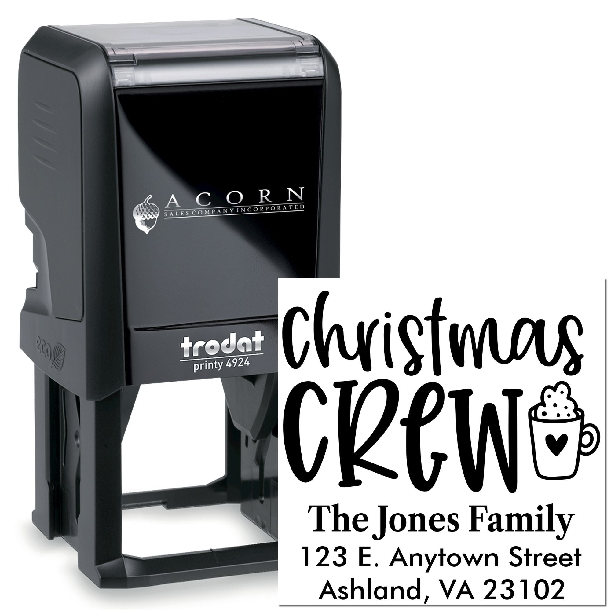 Custom Christmas return address self-inking rubber stamp, Trodat Printy 4924, with festive family name and address design.