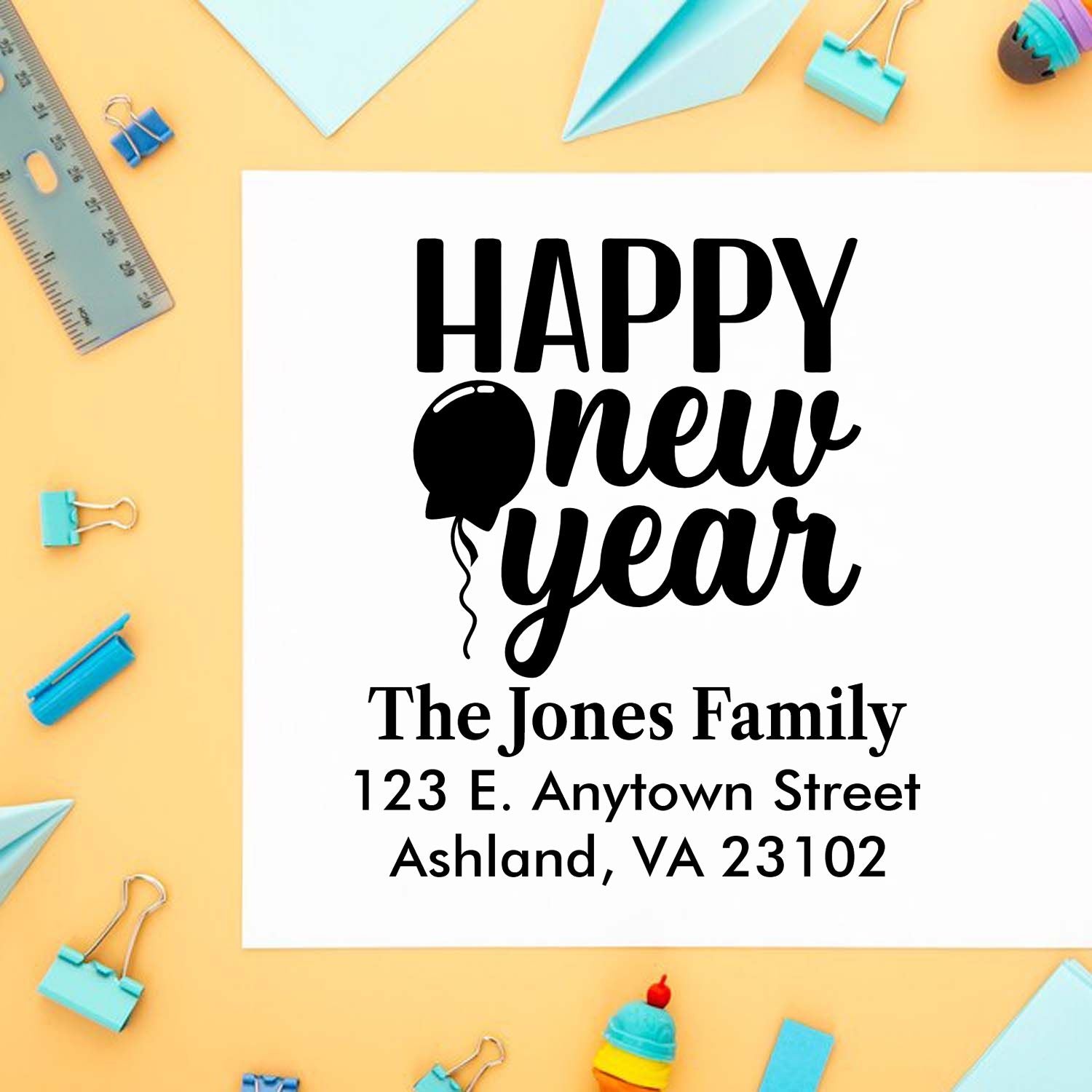 Custom Happy New Year address rubber stamp for holiday cards and festive mailings, personalized for The Jones Family.