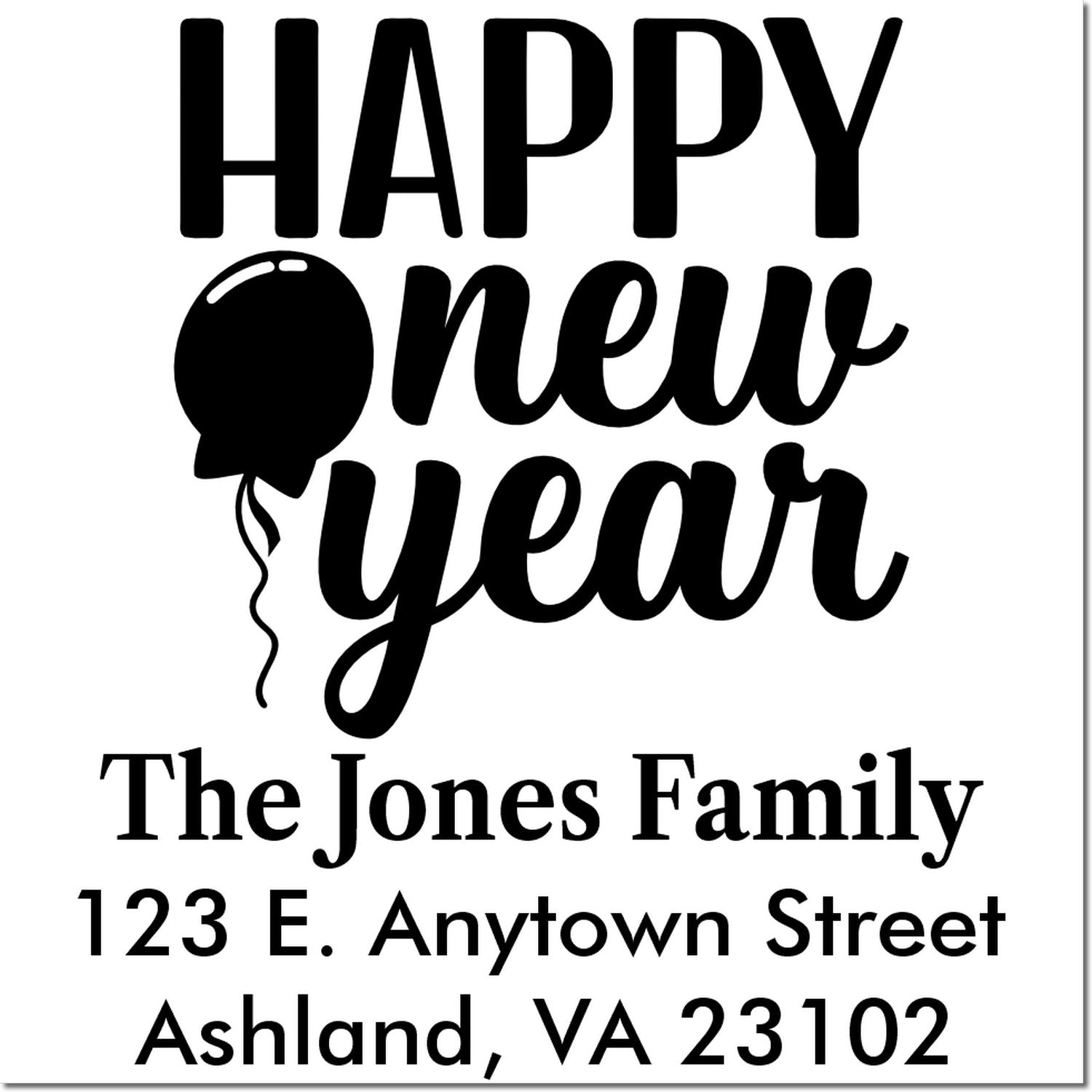 Custom Happy New Year rubber stamp with family name and return address for holiday cards and envelopes.