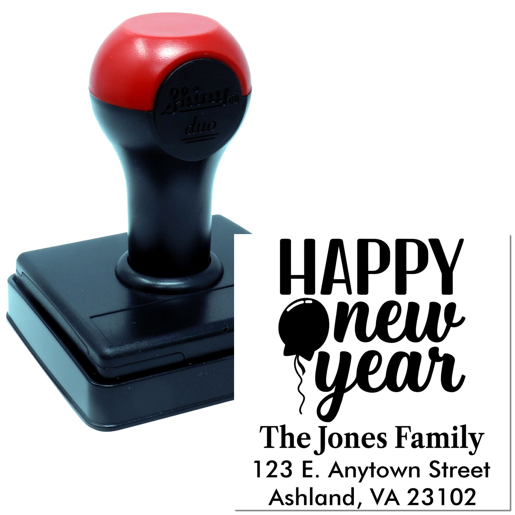 Custom self-inking rubber stamp with Happy New Year and The Jones Family return address for holiday cards.