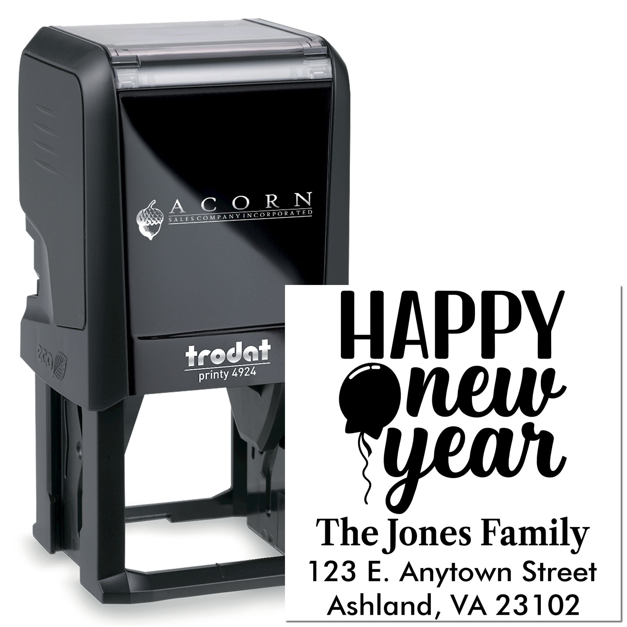 Custom self-inking Happy New Year address rubber stamp for The Jones Family with holiday greeting and mailing address.