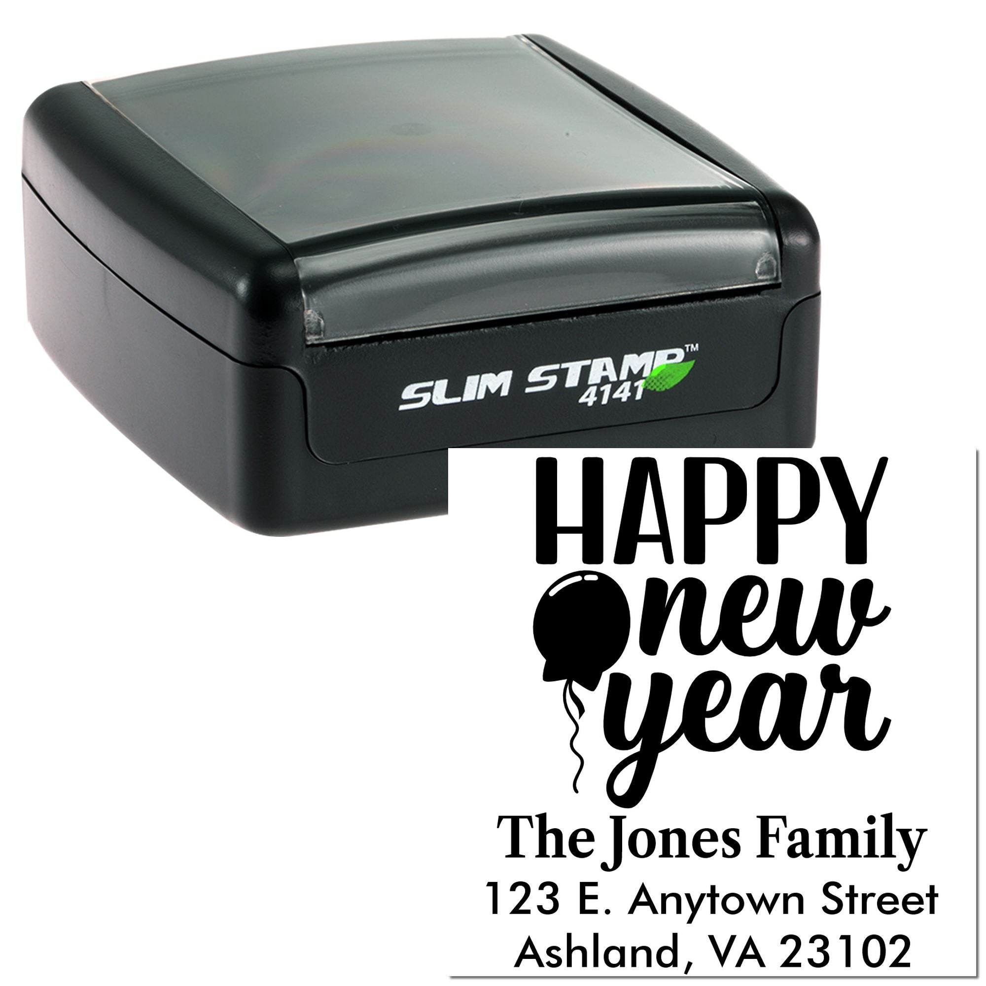 Custom Happy New Year rubber stamp with family return address, shown on a Slim Stamp 4141 self-inking stamp.