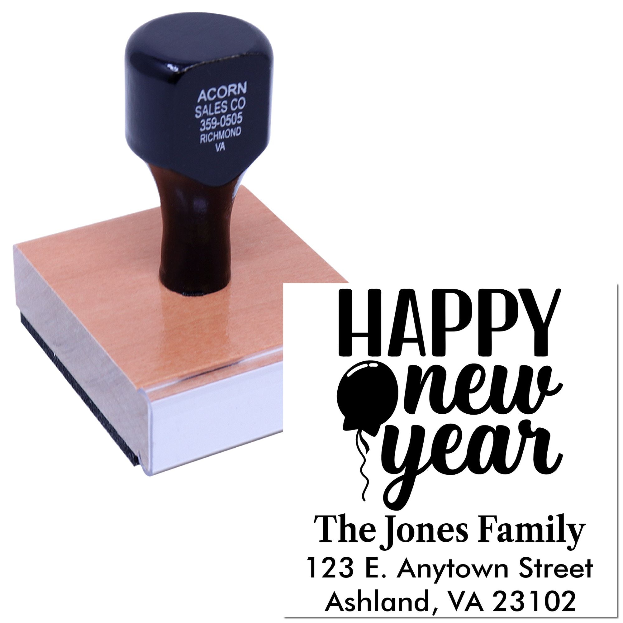 Custom Happy New Year rubber stamp with family return address, perfect for holiday card envelopes and festive mailing.
