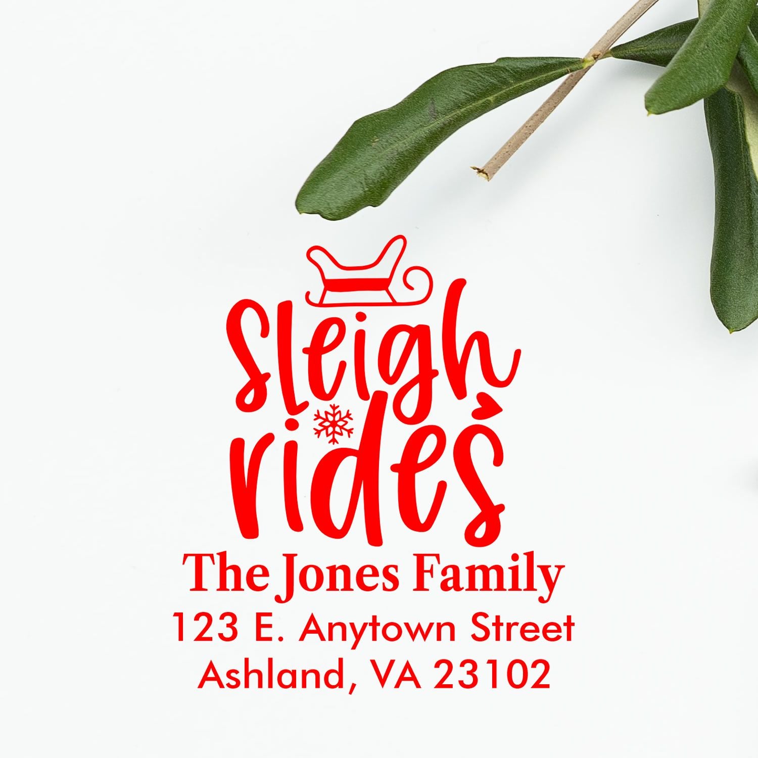 Custom holiday return address rubber stamp with sleigh design for The Jones Family, Ashland, VA 23102.