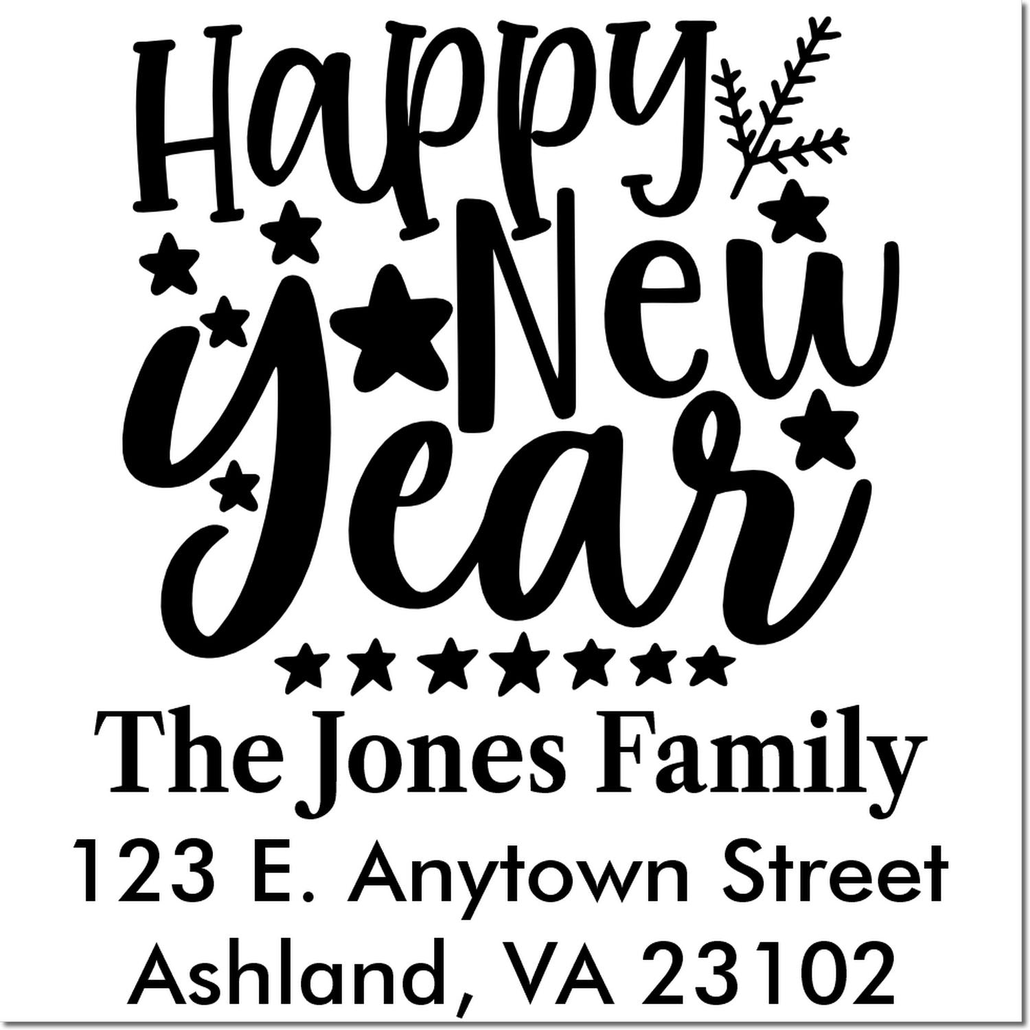Happy New Year custom rubber stamp with family name and address for holiday cards and return mailings.