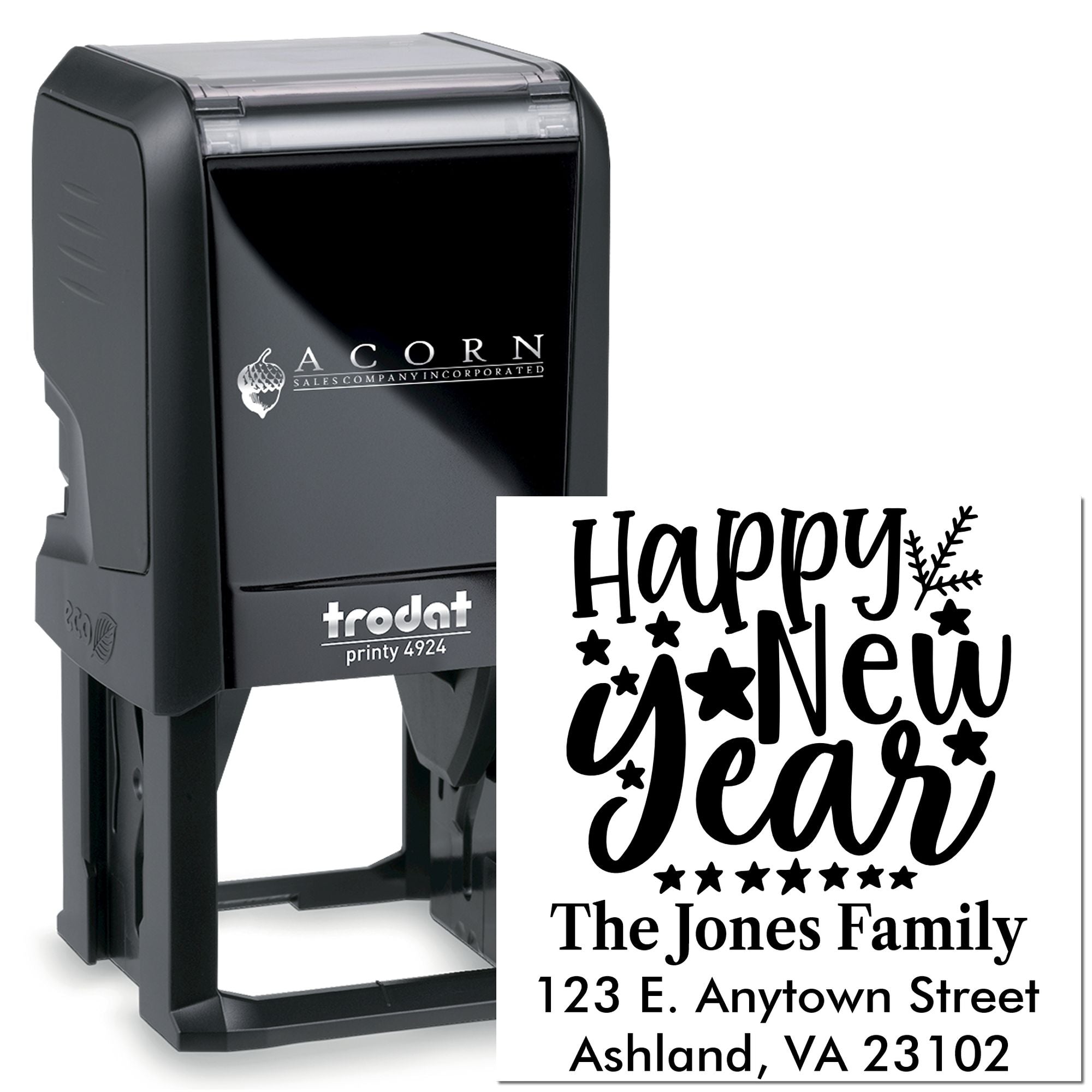 Custom self-inking rubber stamp with Happy New Year family address design, Trodat Printy 4924 personalized holiday stamp.