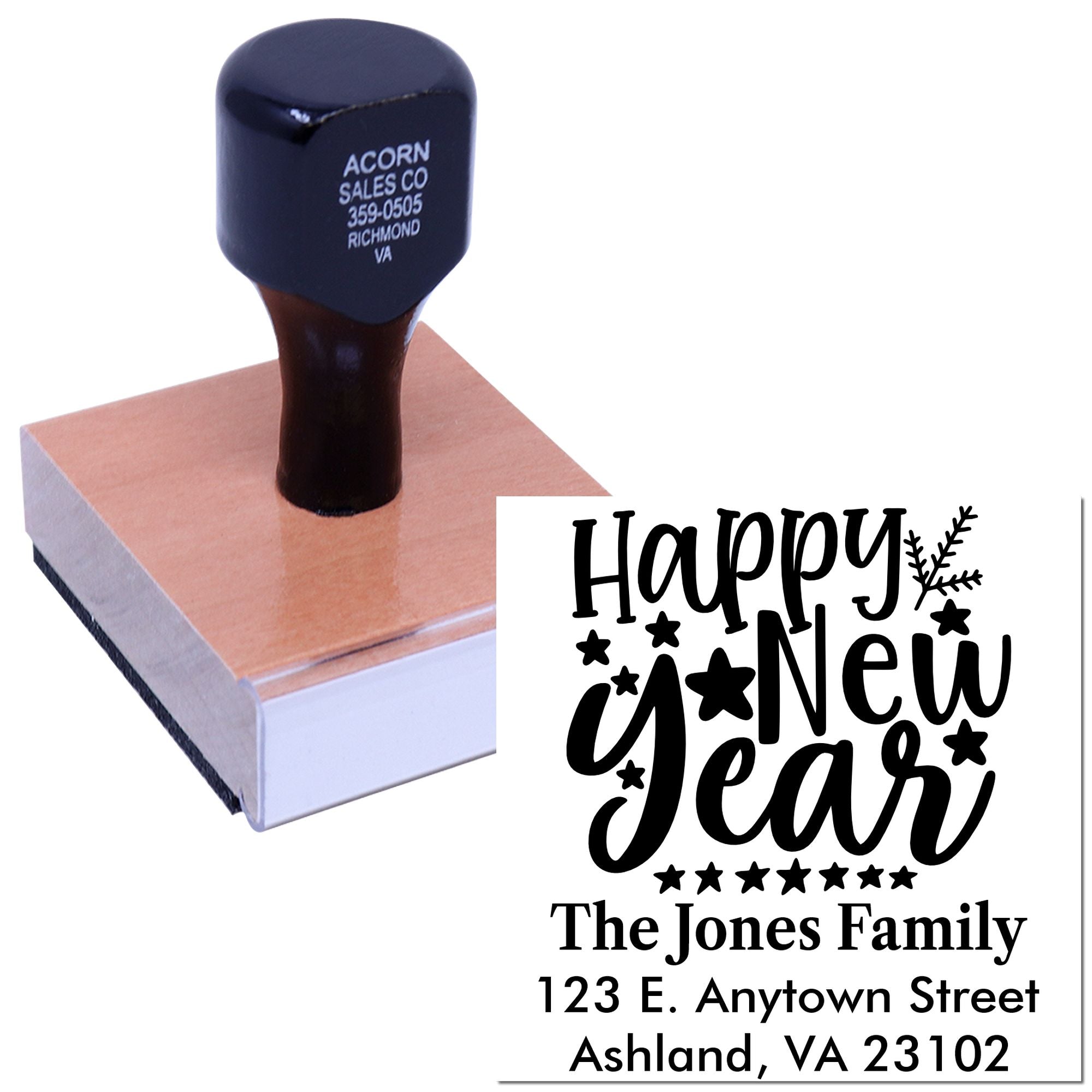 Custom Happy New Year rubber stamp for holiday cards and return addresses, shown with sample imprint on wood-mounted stamp.