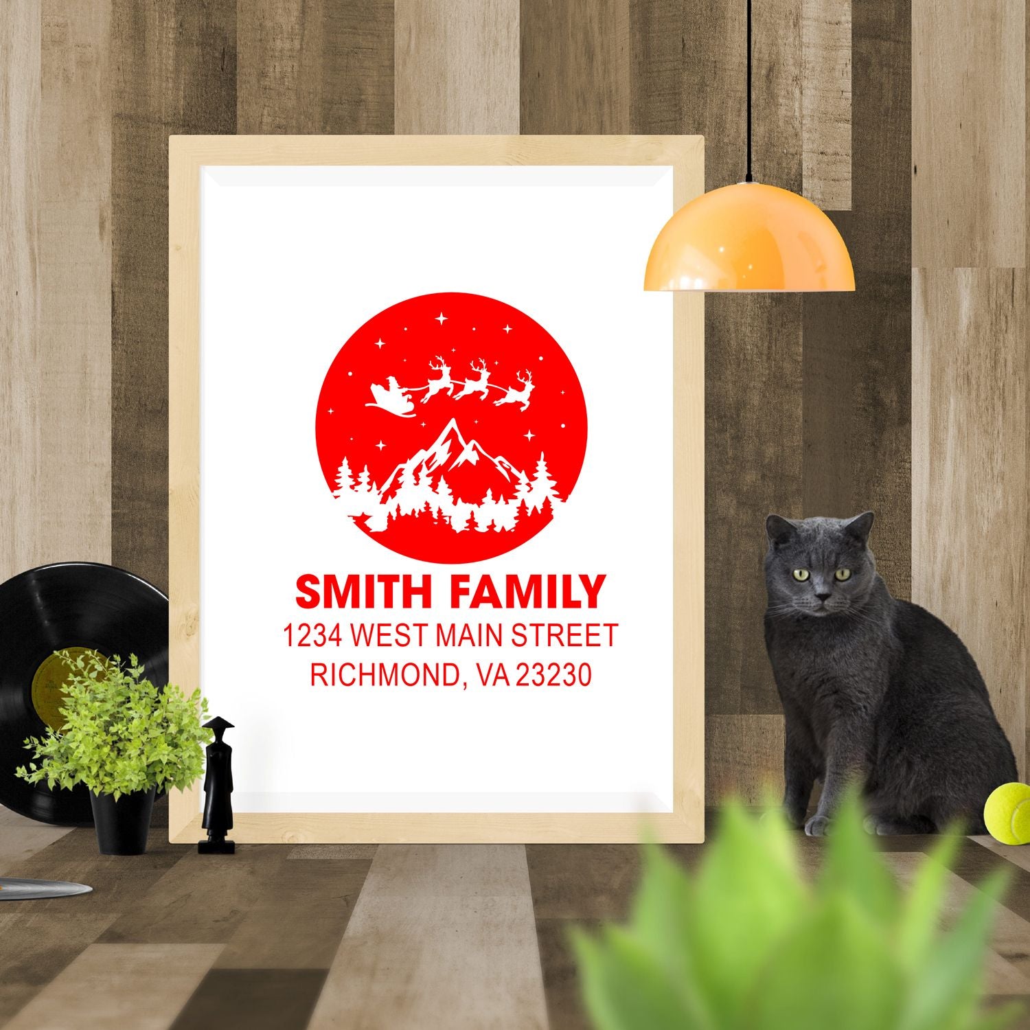 Personalized family return address rubber stamp with Smith Family name, address, and festive mountain Santa design