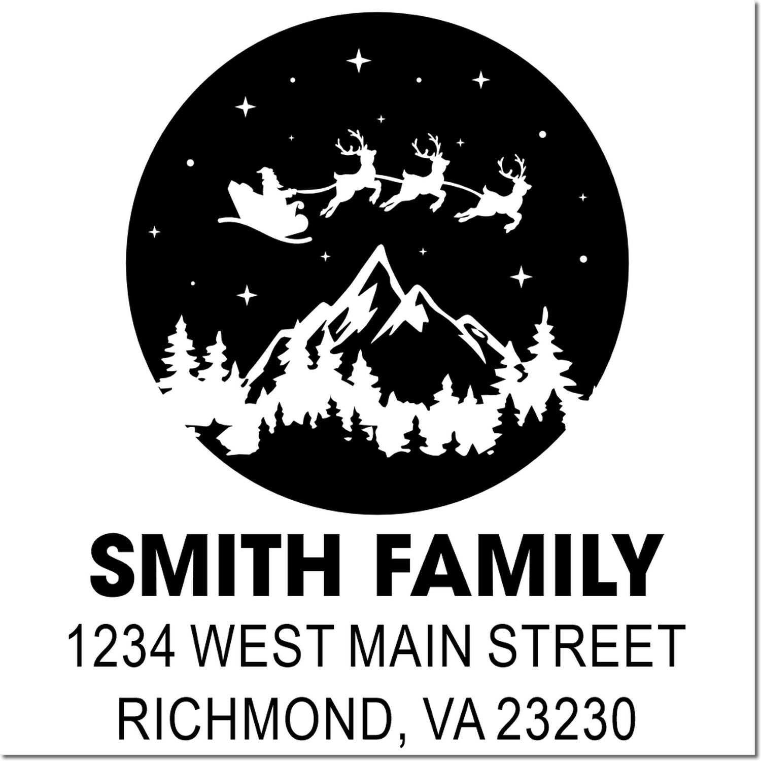 Personalized holiday return address rubber stamp with Santa sleigh, mountain scene, and Smith Family Richmond, VA address.