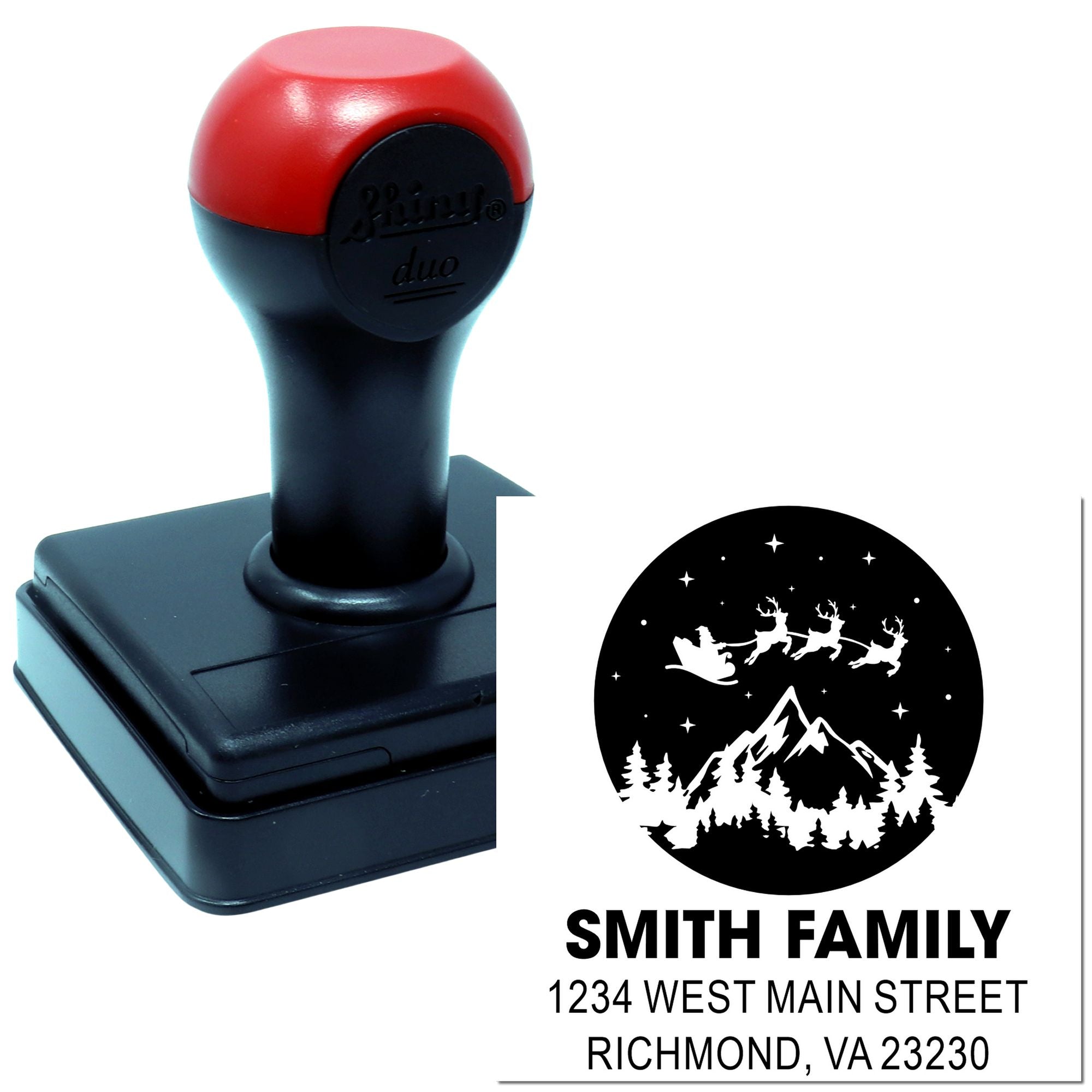 Custom self-inking rubber address stamp featuring Smith Family holiday design and return address imprint.
