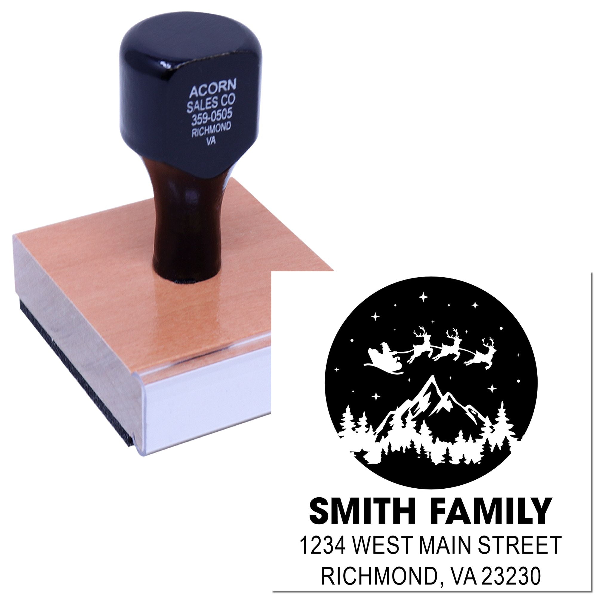 Custom return address rubber stamp with Smith Family holiday design and Santa sleigh graphic for personalized mailing