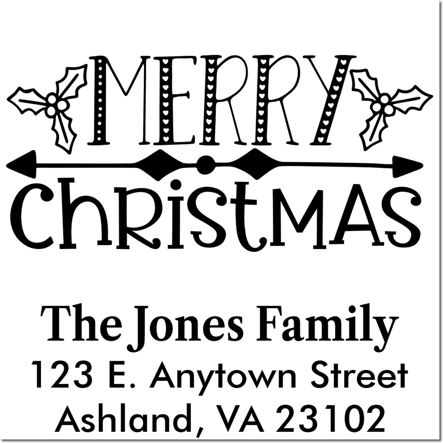 Custom Christmas address rubber stamp with Merry Christmas, holly, family name, and return mailing address.