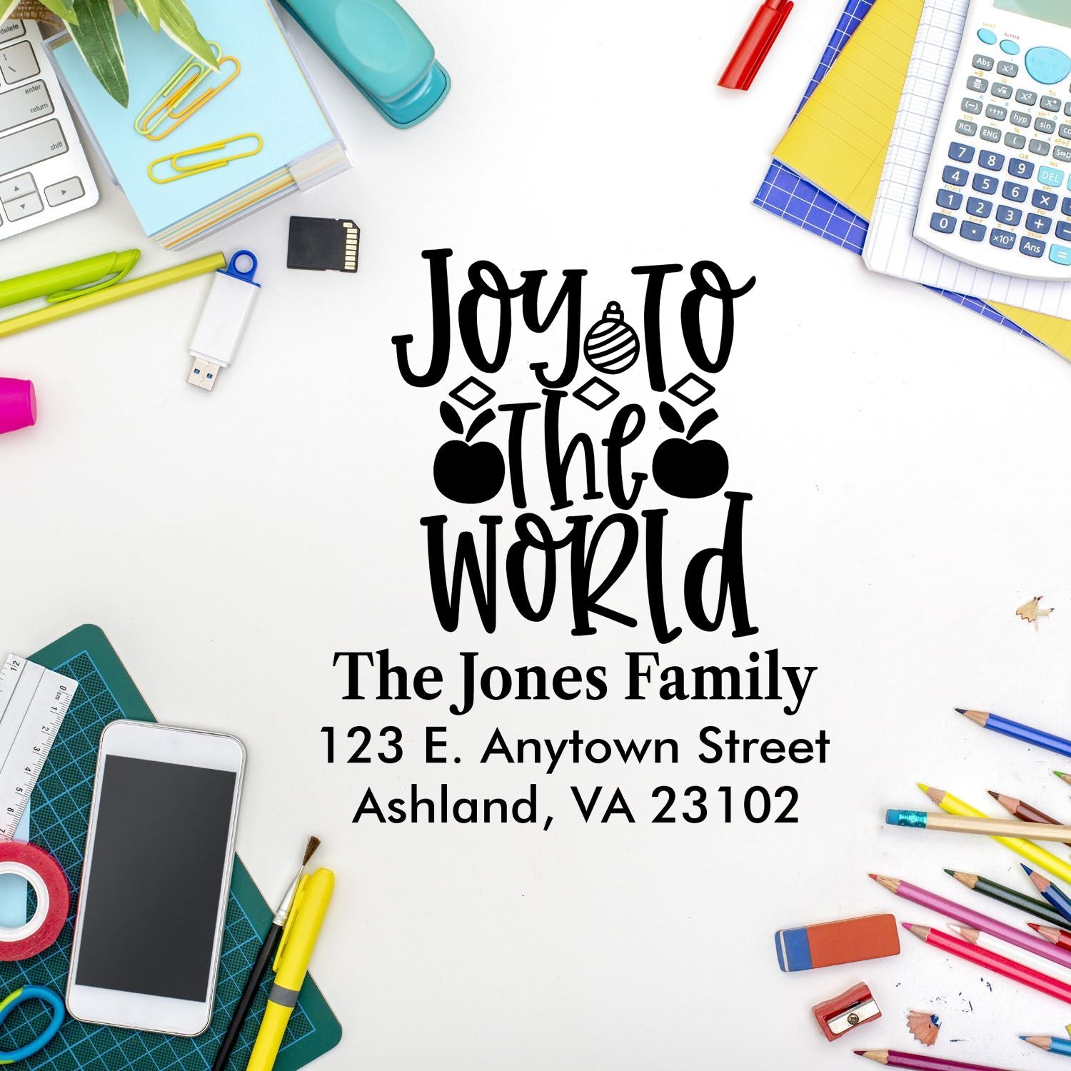 Custom Christmas address rubber stamp with Joy to the World, The Jones Family name, and address details.