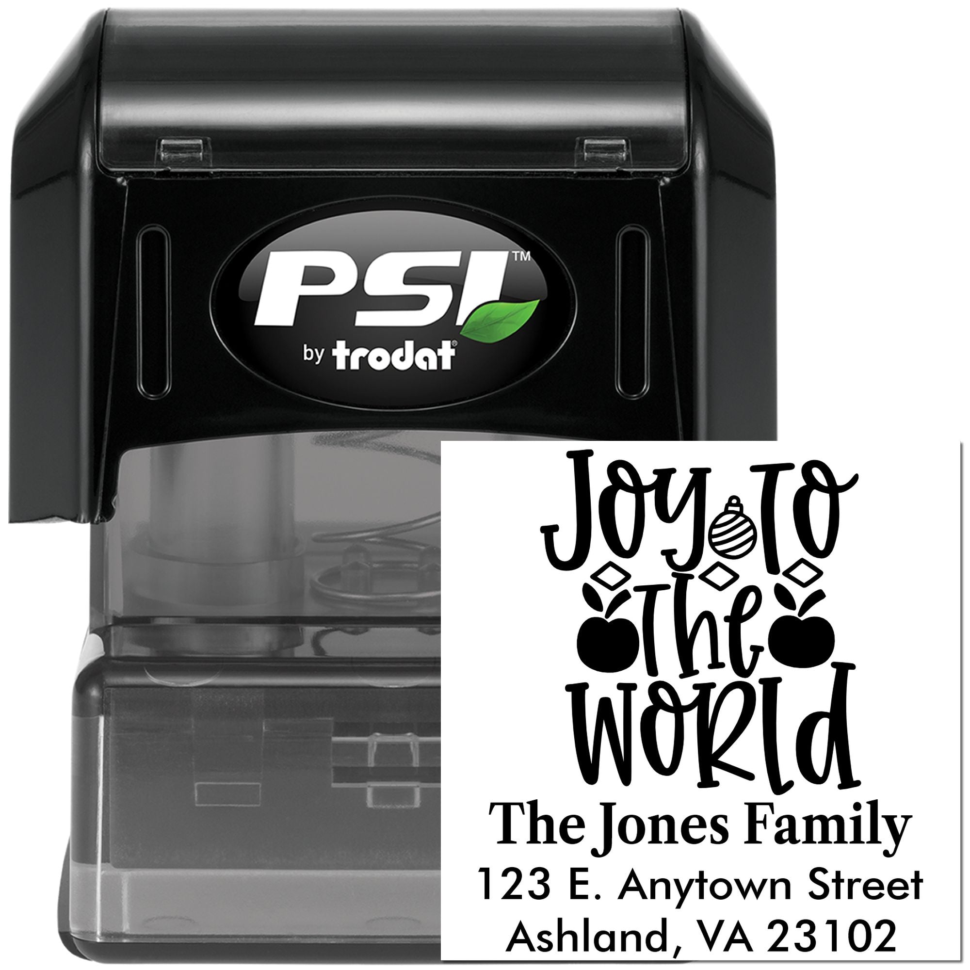 Custom self-inking rubber stamp for Christmas return addresses, featuring Joy to the World and family name by PSI Trodat