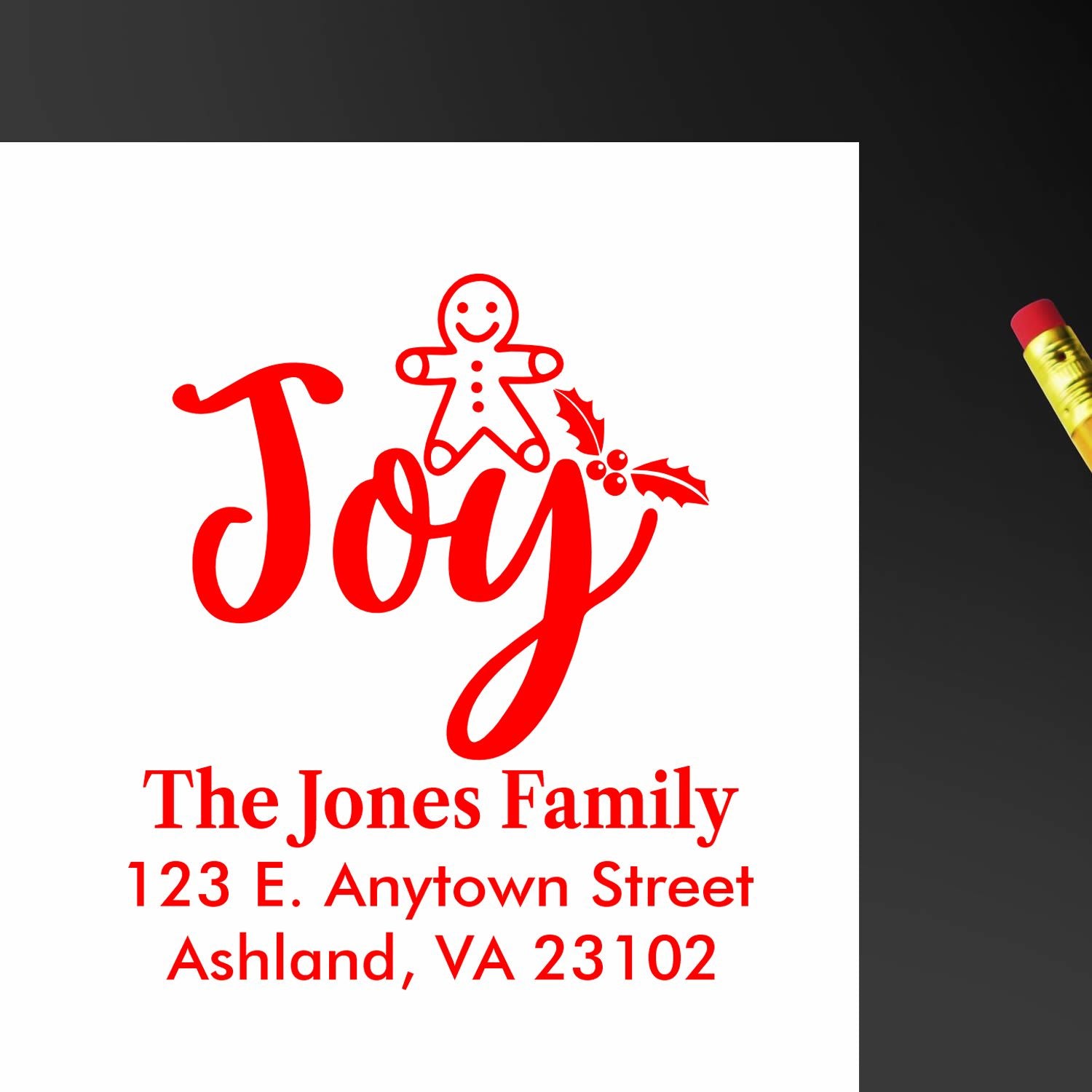 Custom Christmas return address rubber stamp with Joy, gingerbread and holly for The Jones Family, Ashland, VA 23102