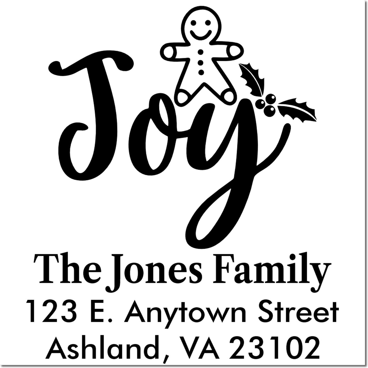 Custom Joy holiday return address rubber stamp with gingerbread man and holly, family name and address