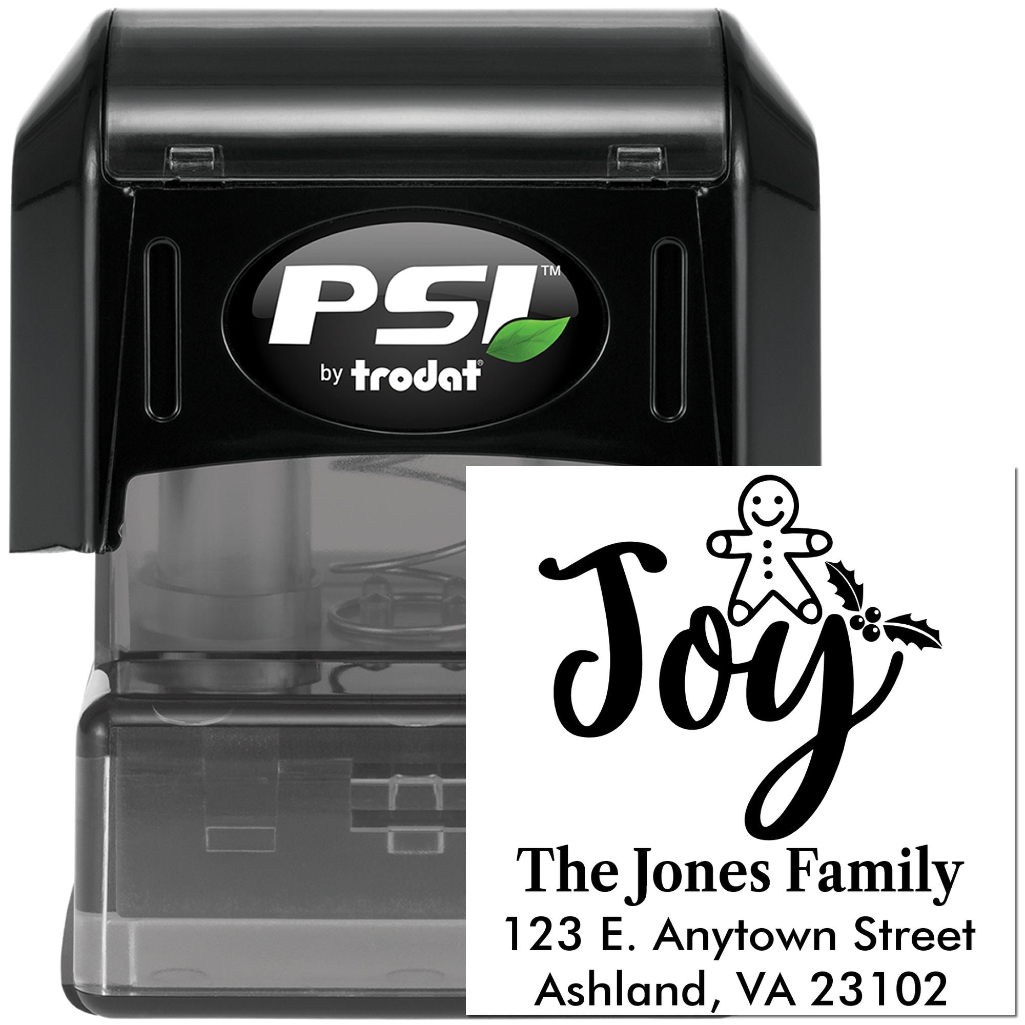 Self-inking custom holiday address stamp with Joy design, gingerbread man, holly, and family return address by PSI Trodat.