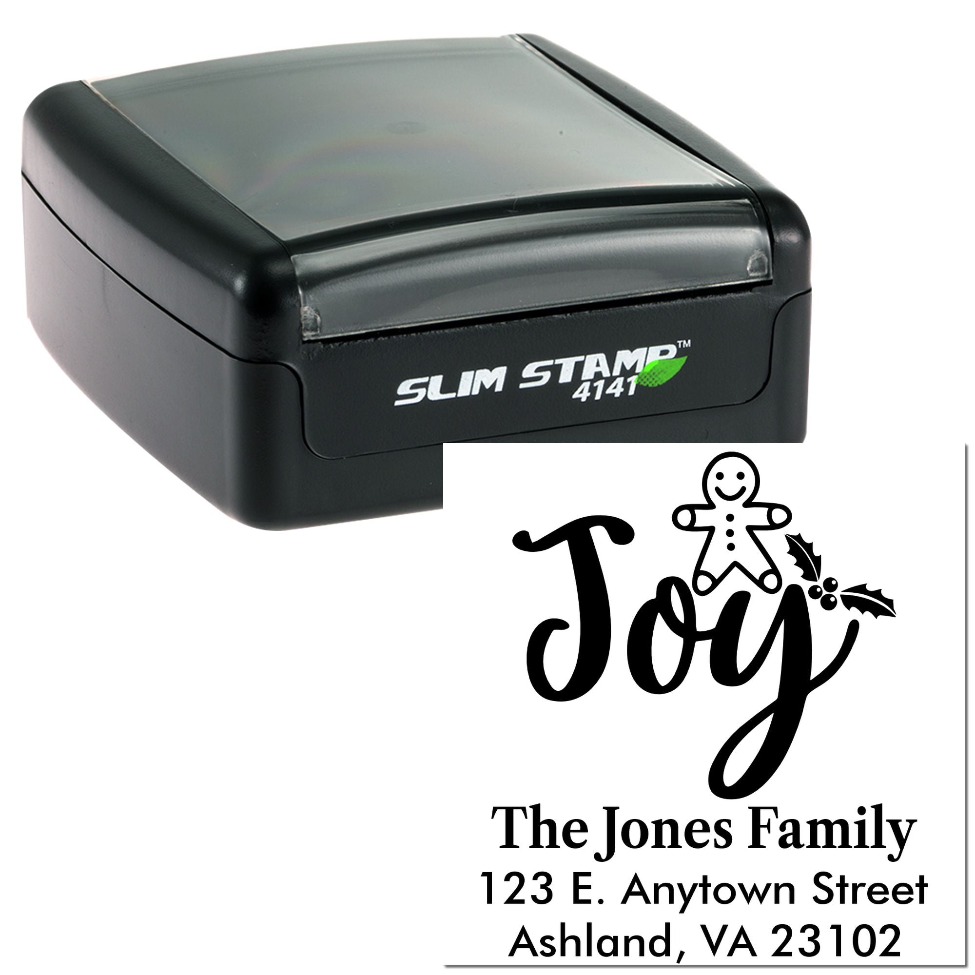Custom Christmas return address rubber stamp with Joy design, family name, and address on a self-inking stamp.