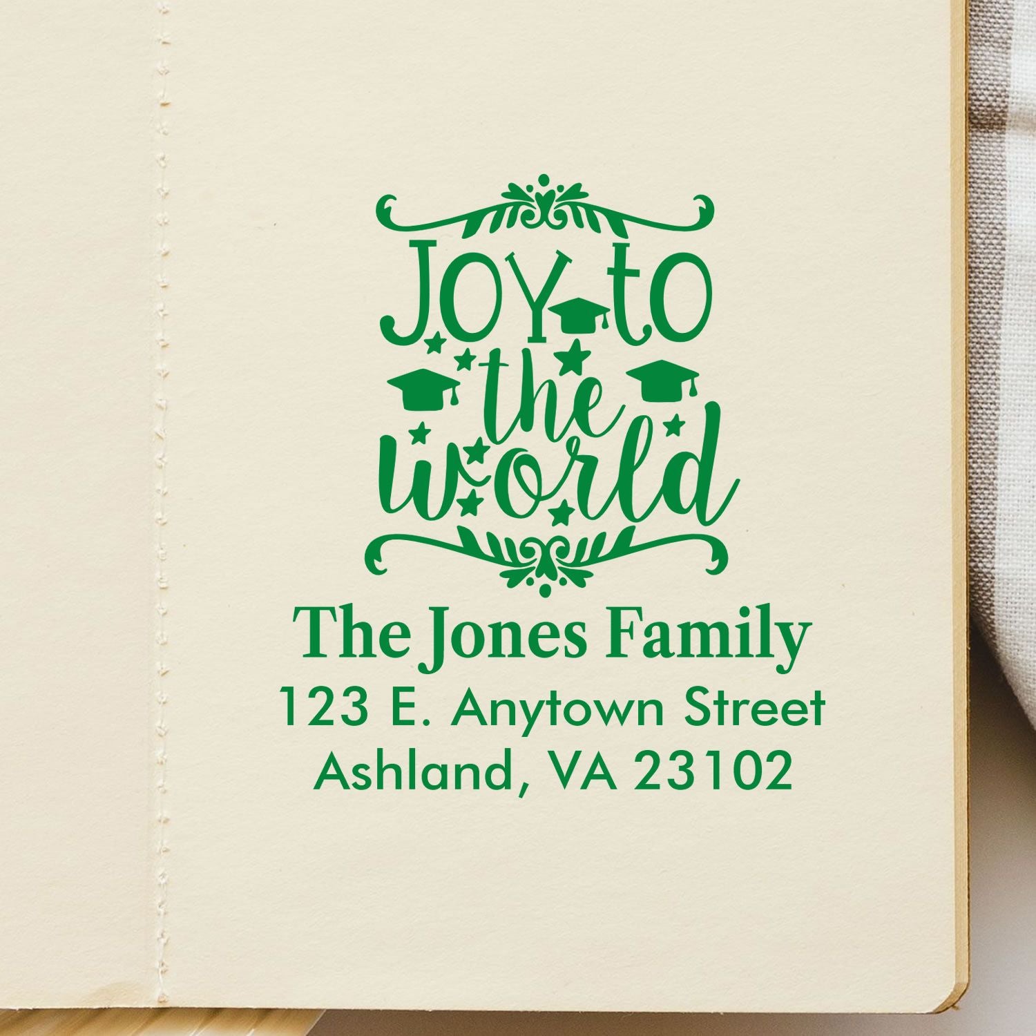 Custom Christmas address rubber stamp with Joy to the World design for The Jones Family, Ashland VA return address