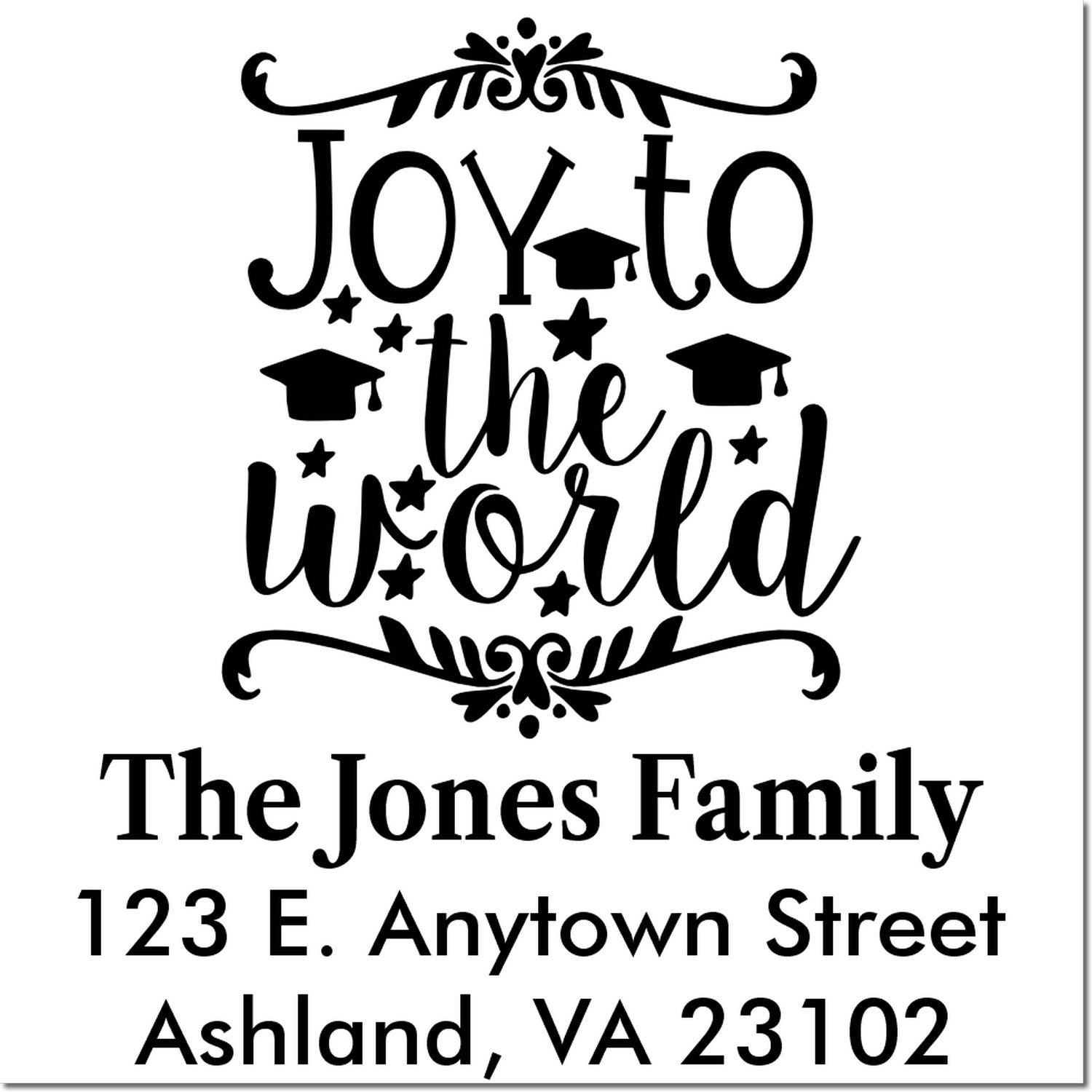 Custom graduation rubber stamp design with Joy to the World, personalized for The Jones Family in Ashland, VA.