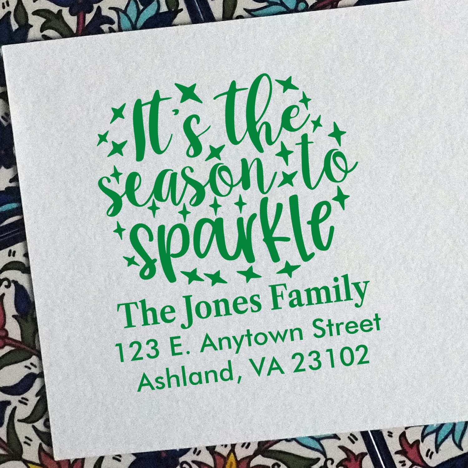 Custom holiday address rubber stamp with Its the season to sparkle and family return address for festive envelopes.