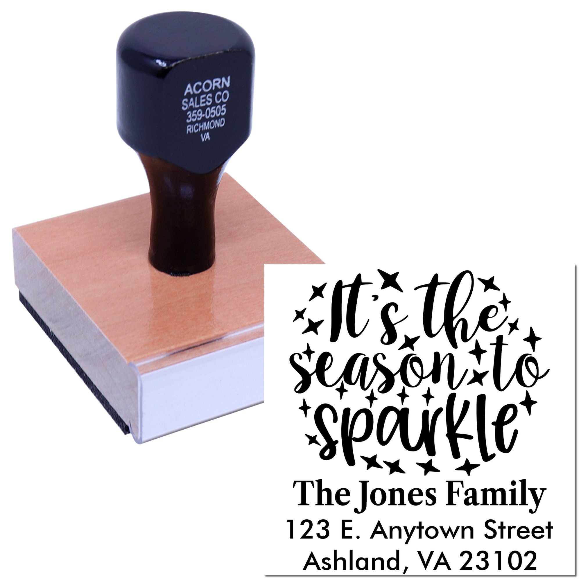 Custom holiday address rubber stamp with Its the season to sparkle and personalized name and address for festive cards.
