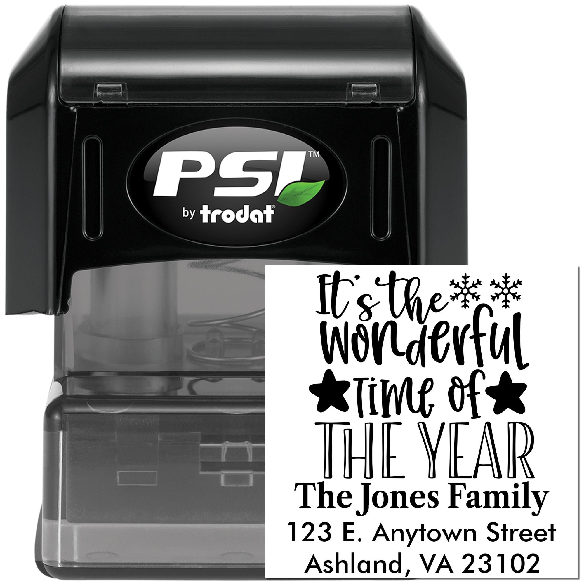 Custom self-inking rubber stamp for holiday return addresses, featuring festive family name and address imprint.