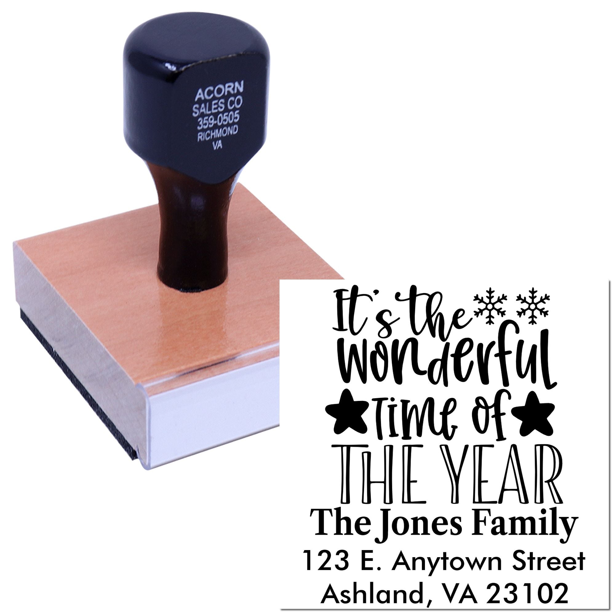 Personalized holiday address rubber stamp with festive Its the Wonderful Time of the Year design and custom family name.