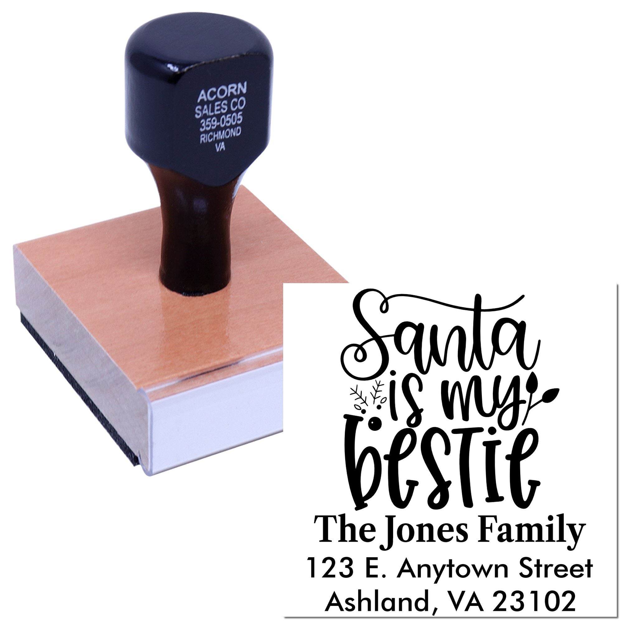 Custom self-inking rubber stamp with festive Santa is my bestie family address design for holiday cards and mail.