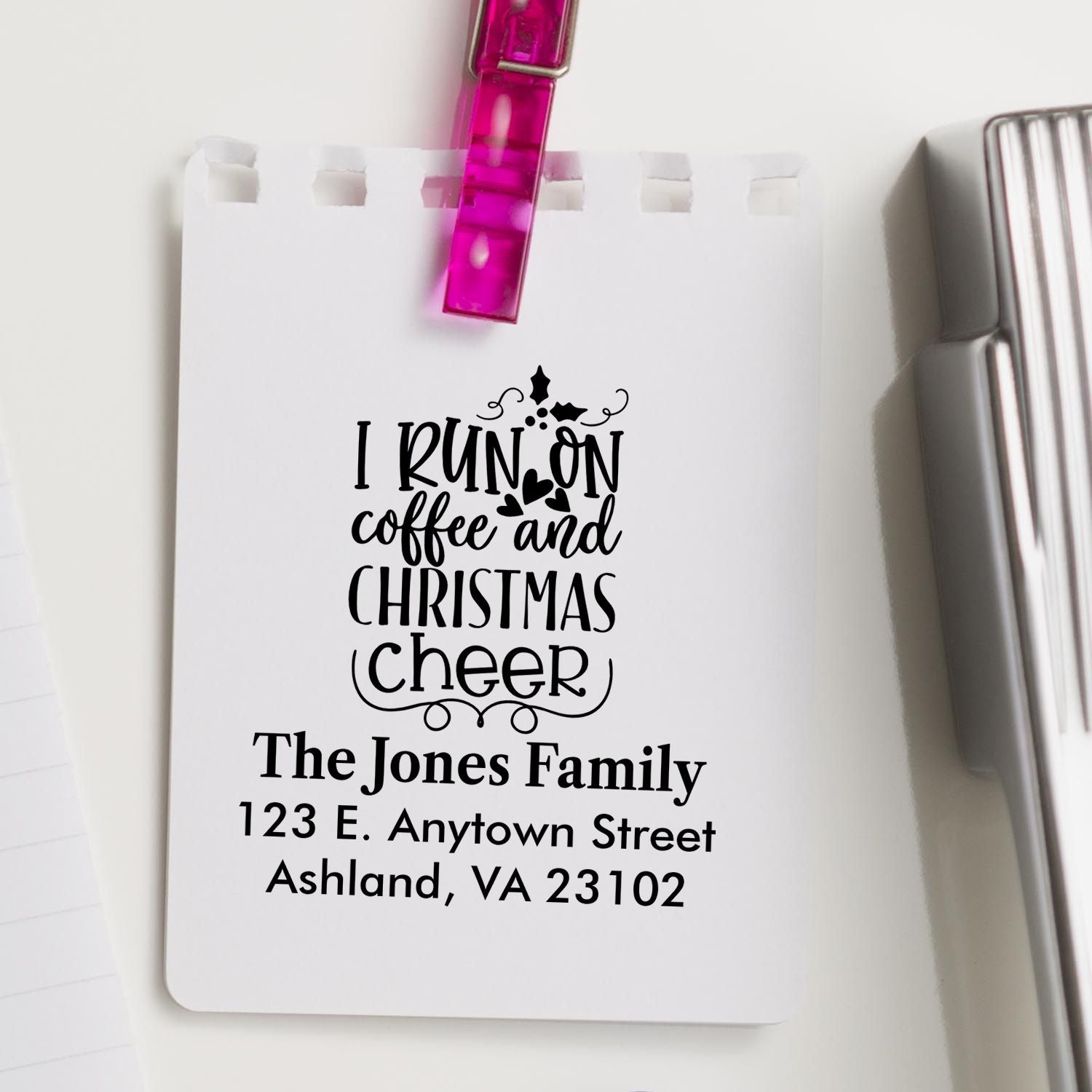 Personalized Christmas return address rubber stamp reading I run on coffee and Christmas cheer for The Jones Family.