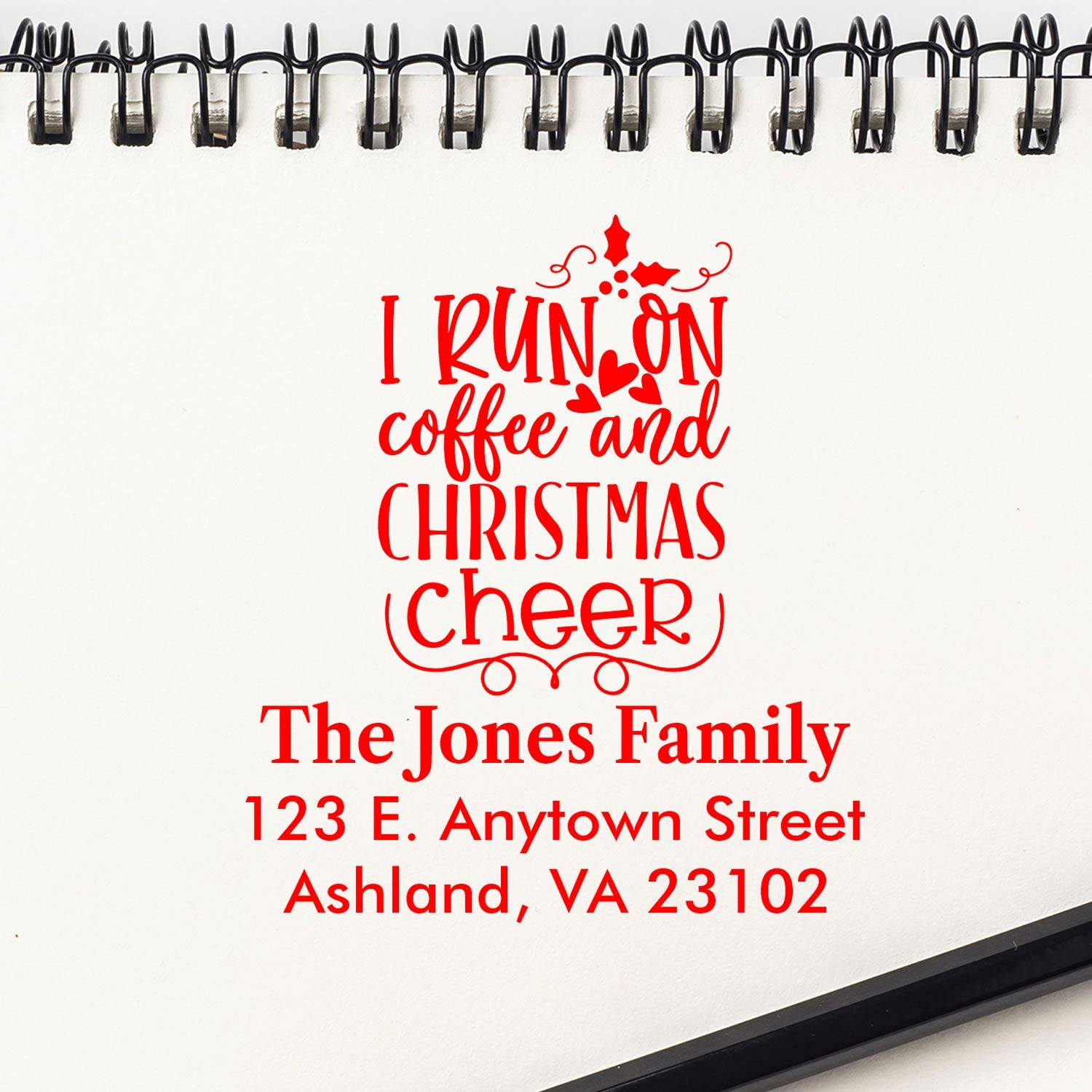 Custom Christmas address rubber stamp with I run on coffee and Christmas cheer for holiday stationery.