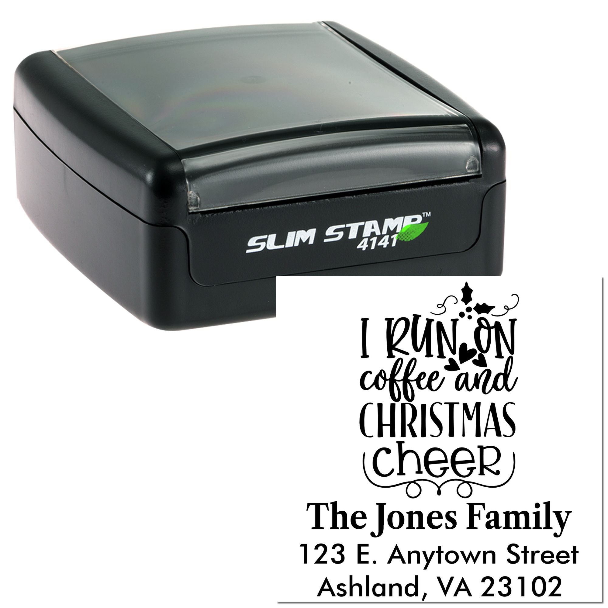 Personalized self-inking rubber stamp with holiday return address and Christmas cheer design, Slim Stamp 4141.