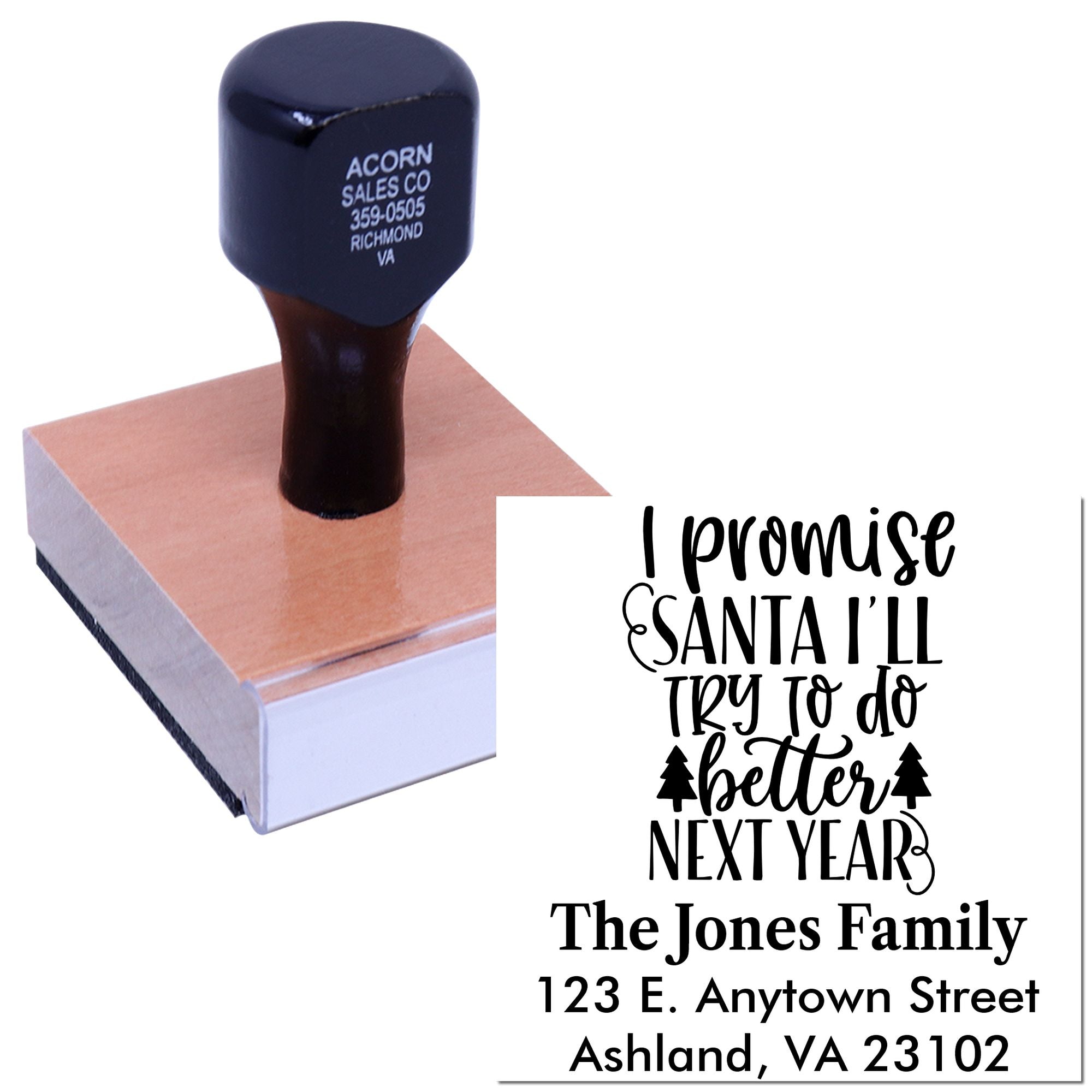 Custom Christmas rubber stamp with I promise Santa Ill try to do better next year and personalized family address design.
