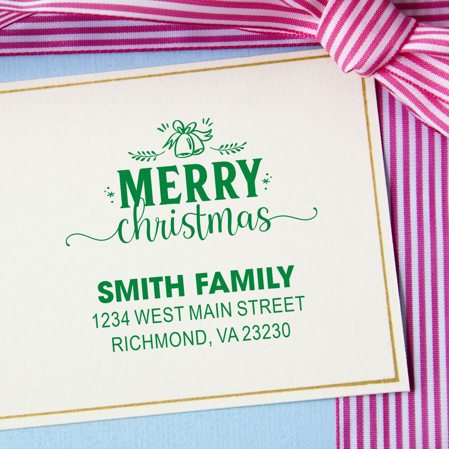 Custom Merry Christmas return address rubber stamp on a personalized holiday card