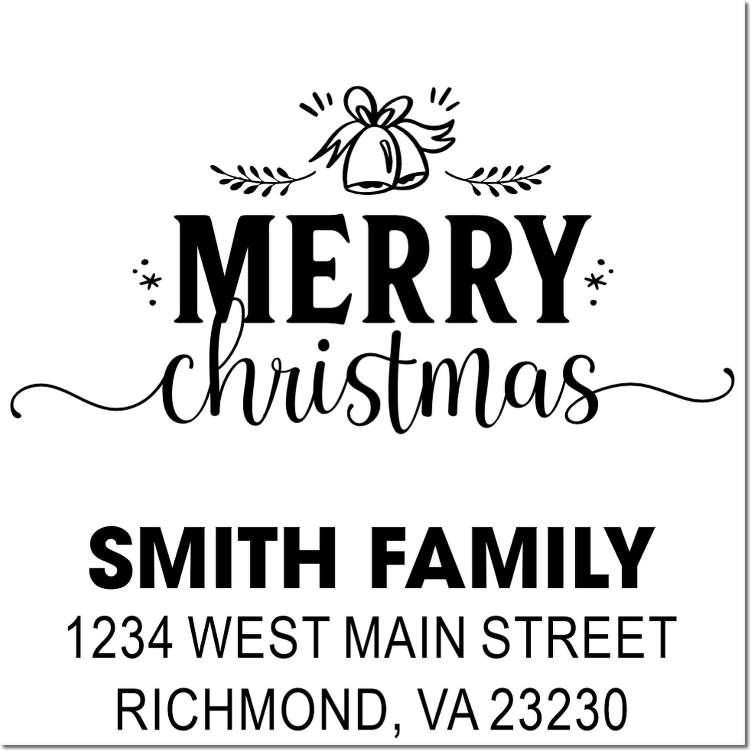 Custom Merry Christmas rubber stamp with Smith Family return address, festive bell design, Richmond VA 23230.