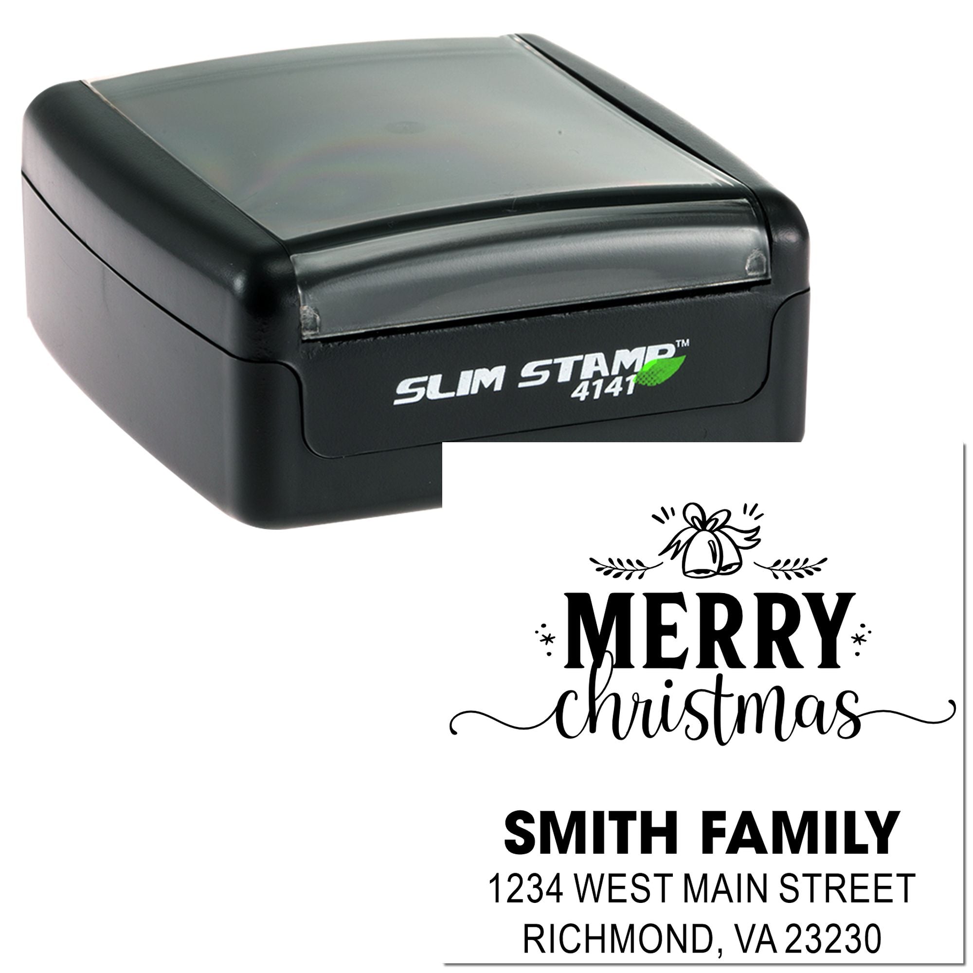 Personalized self-inking rubber stamp with Merry Christmas design and Smith Family address imprint, ideal for holiday mailing.