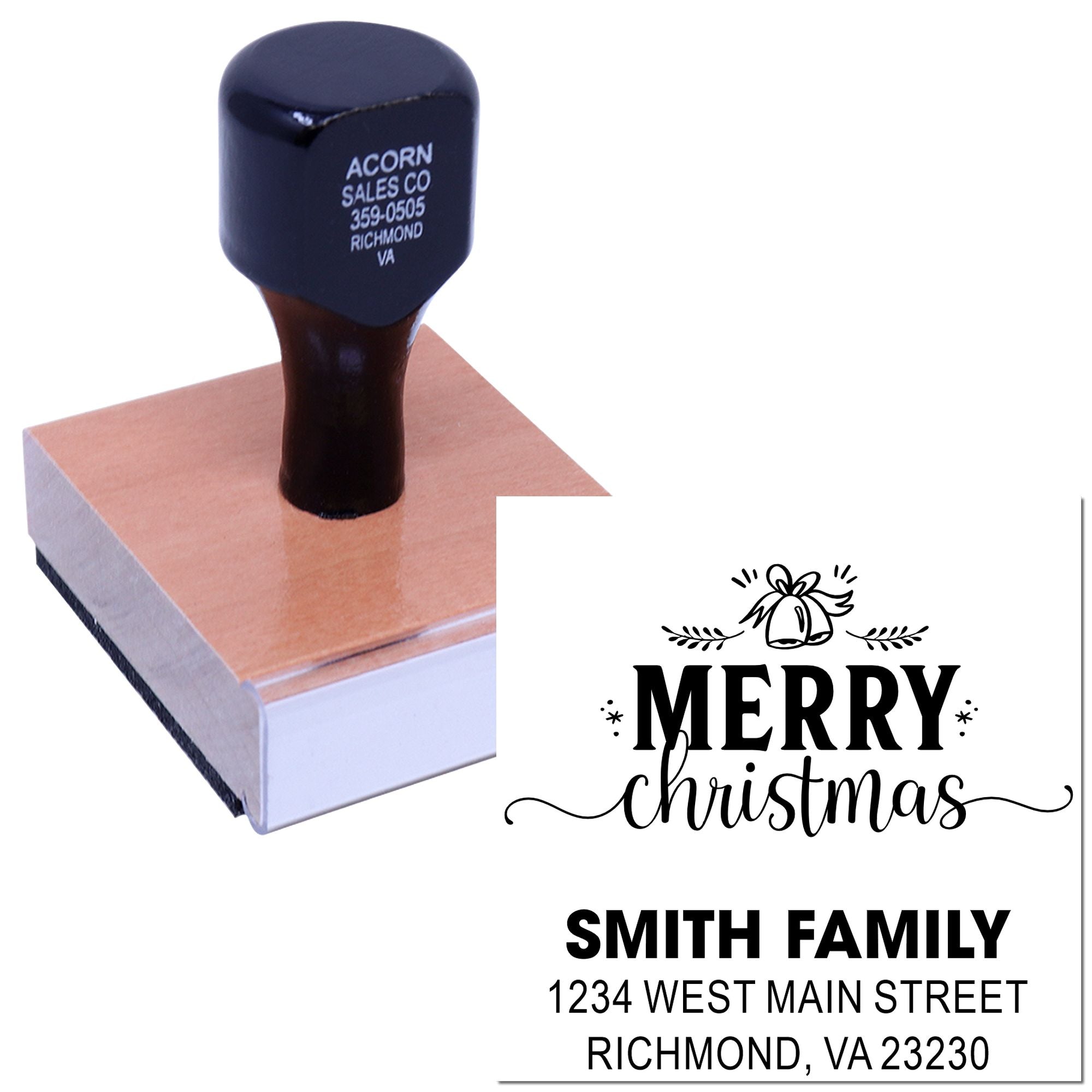 Personalized rubber stamp with Merry Christmas and Smith family return address design for holiday cards