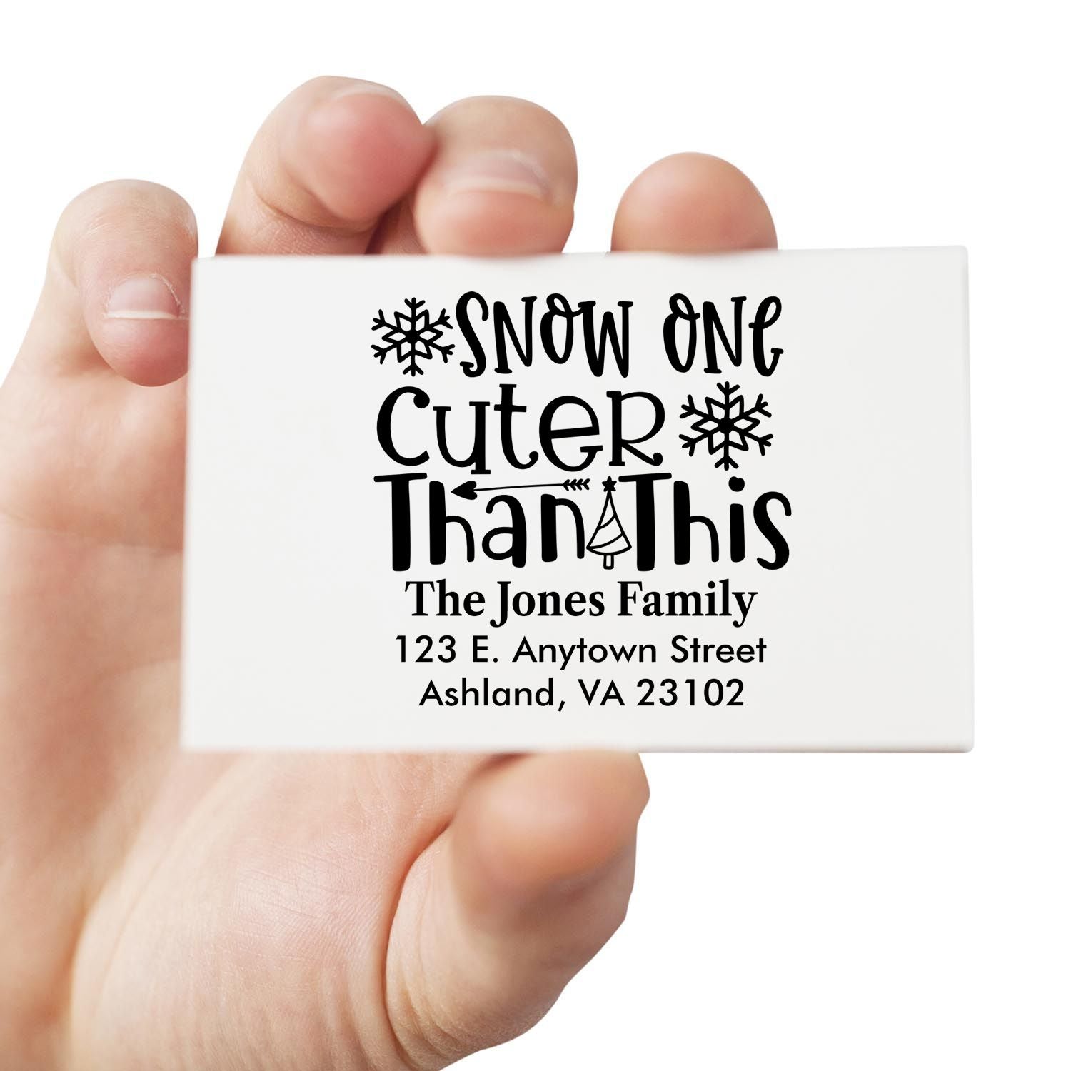Custom Christmas rubber stamp with Snow One Cuter Than This and Jones Family return address for holiday cards.