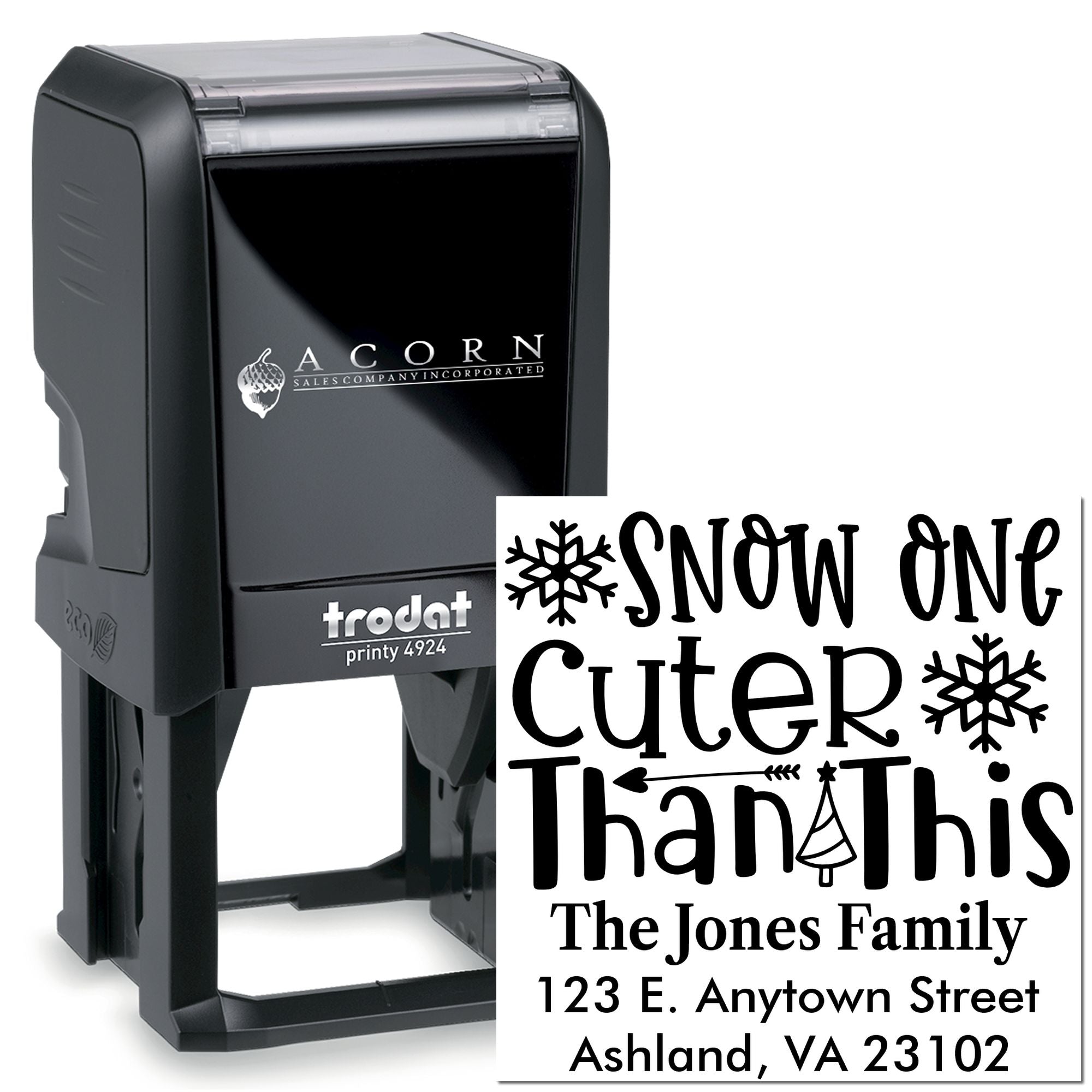 Custom self-inking holiday address stamp for Christmas cards with snowflake design and family return address.