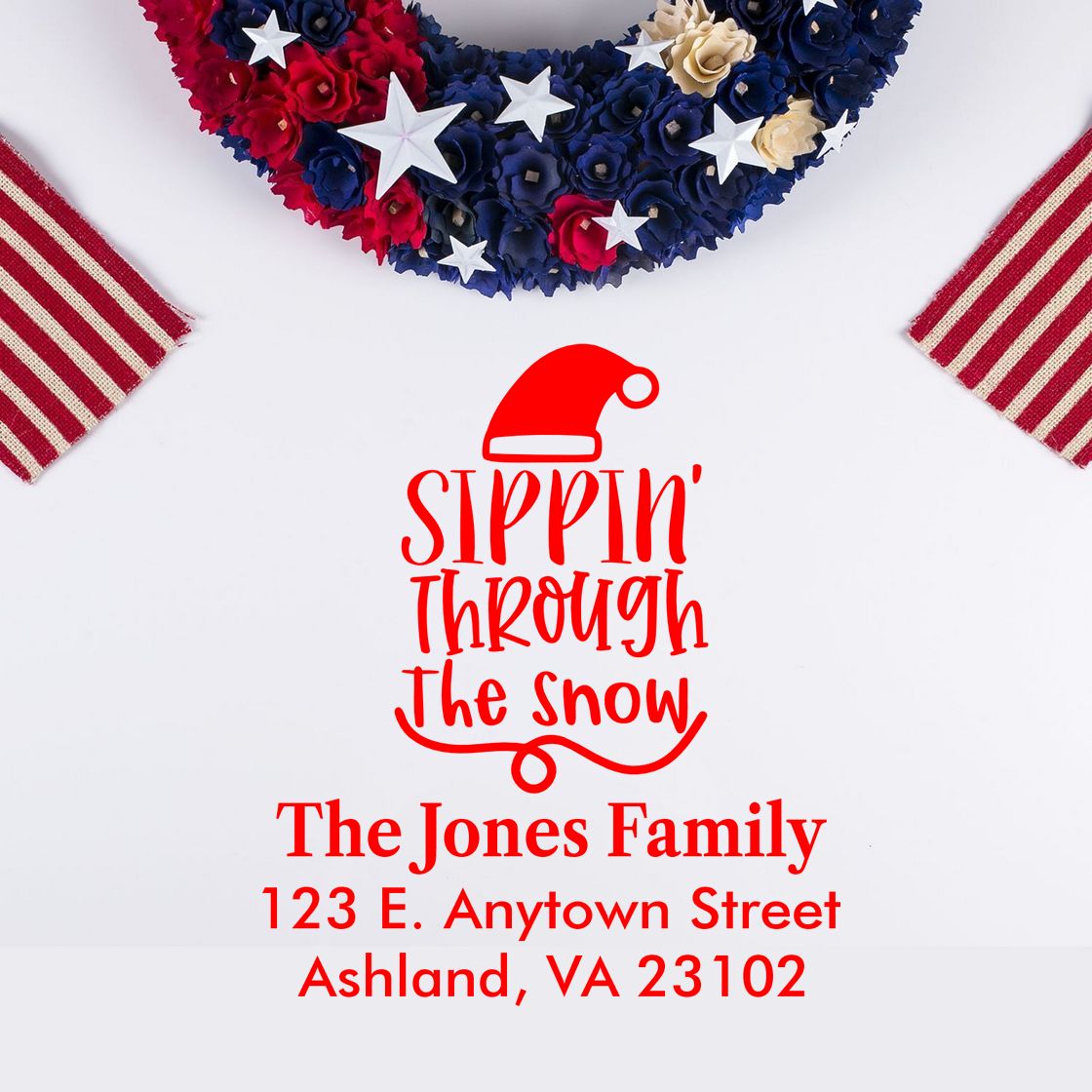 Custom Christmas return address rubber stamp with Sippin Through the Snow Santa hat design for The Jones Family.