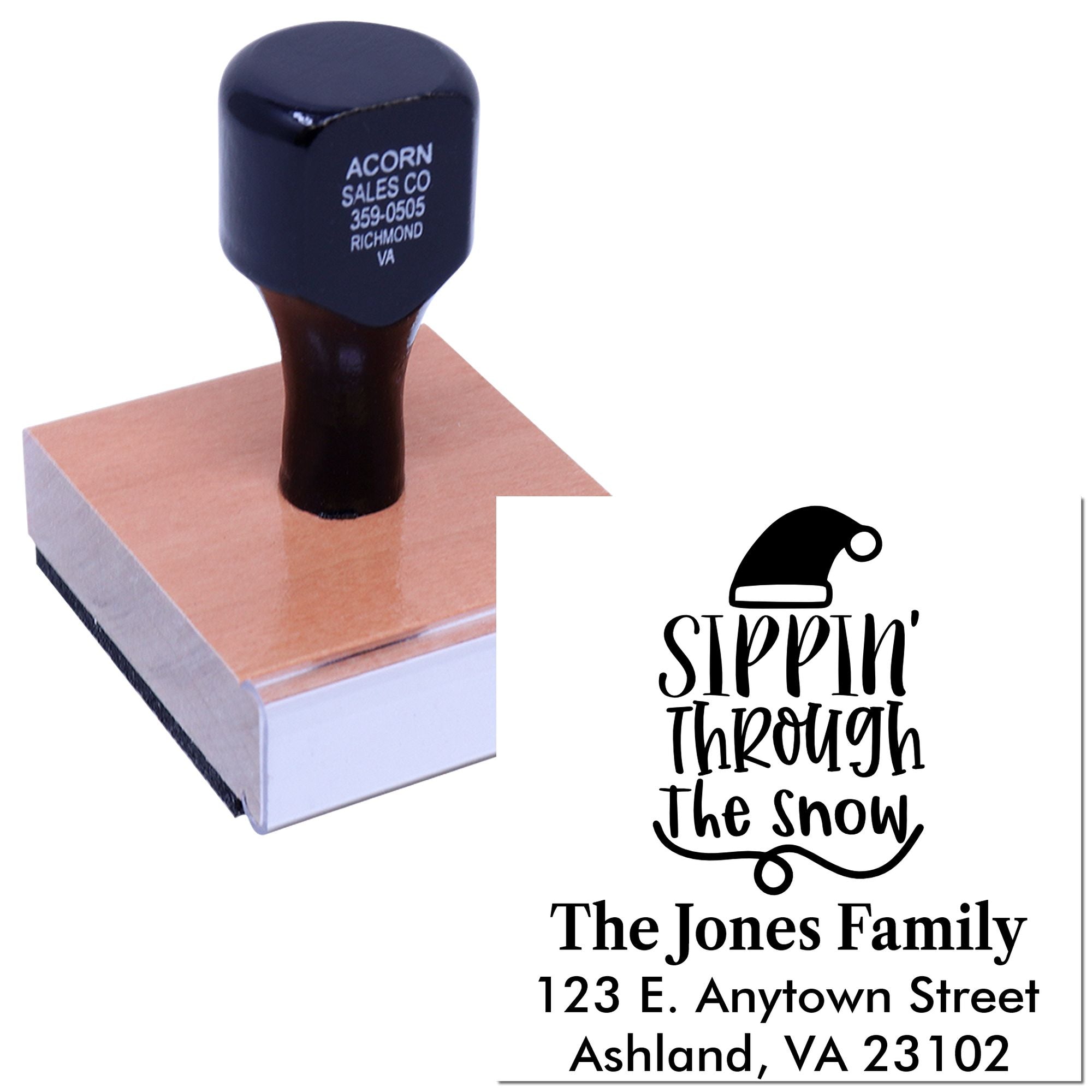 Custom holiday rubber stamp with Sippin Through the Snow and personalized address for festive cards, gifts, and mailings.