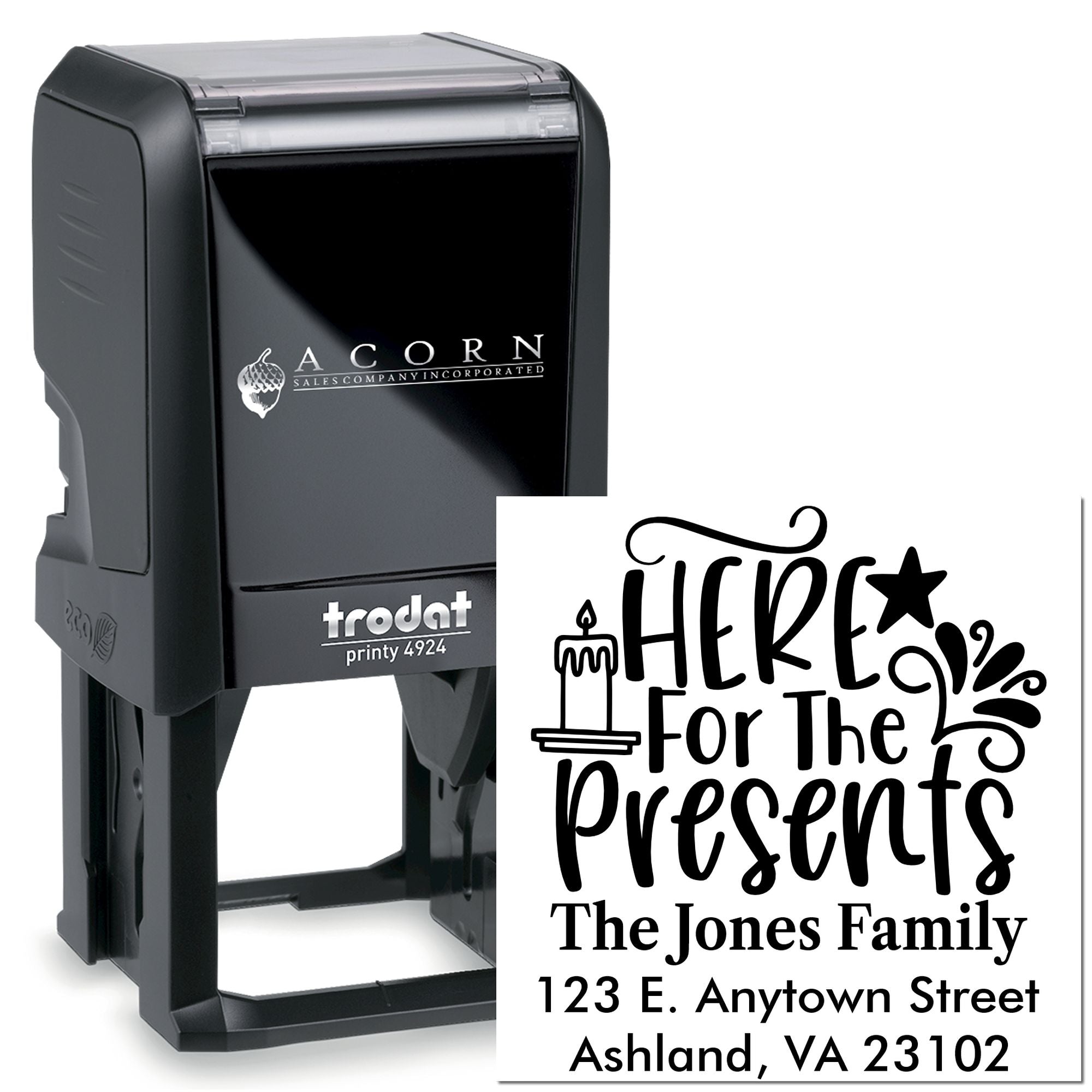 Custom Trodat self-inking rubber stamp with holiday return address design for The Jones Family and presents gift marking.