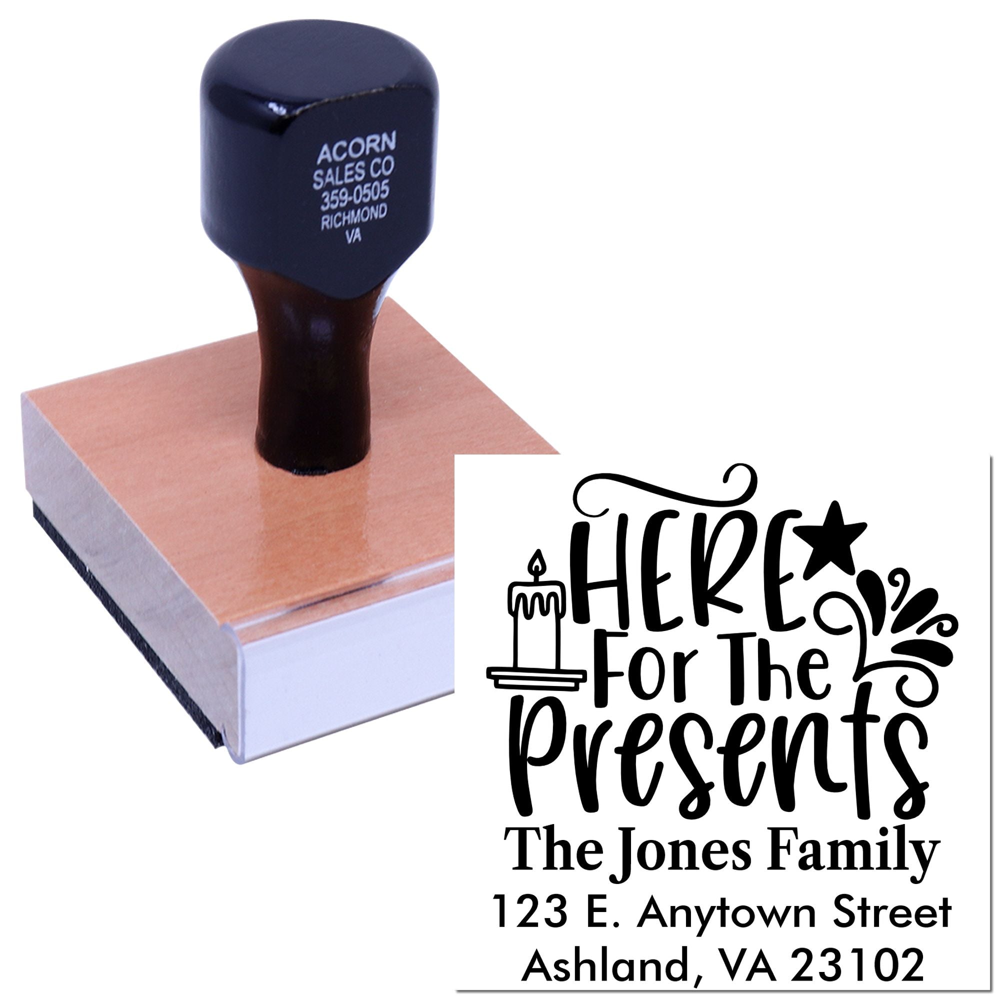 Personalized holiday rubber stamp with Here for the Presents design for custom family address gift wrapping.