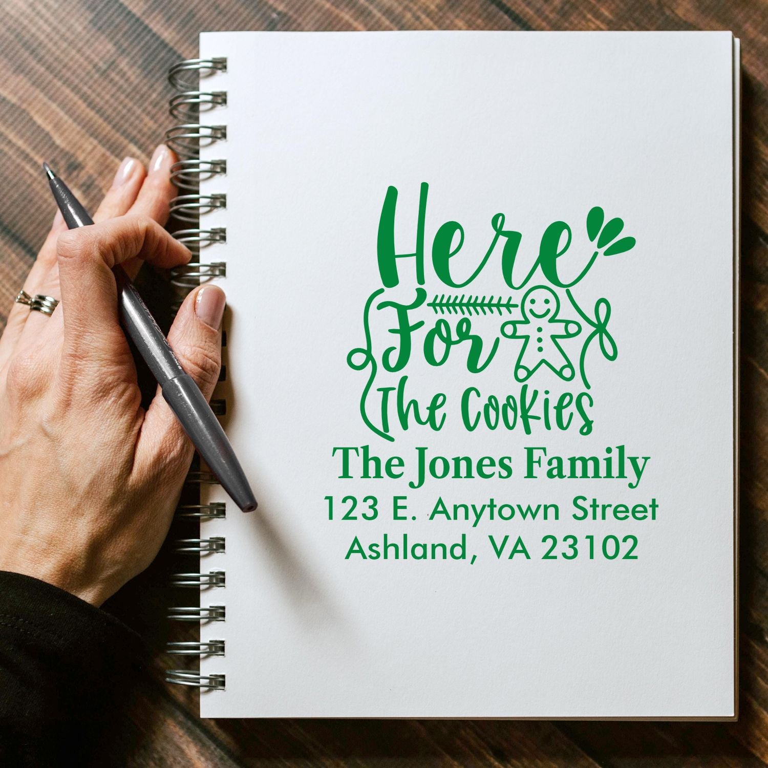 Custom holiday rubber stamp with Here for the Cookies and personalized family return address for Christmas cards and gift tags.