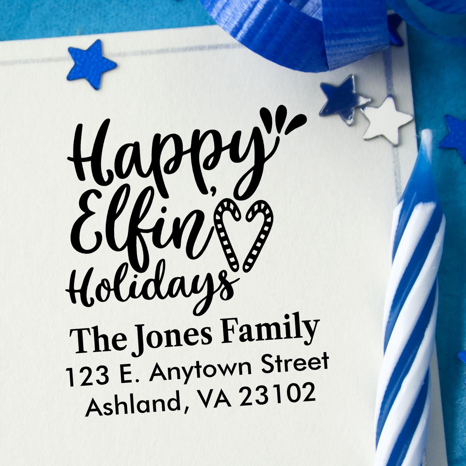Custom holiday return address rubber stamp with Happy Elfin Holidays and family name for festive cards.