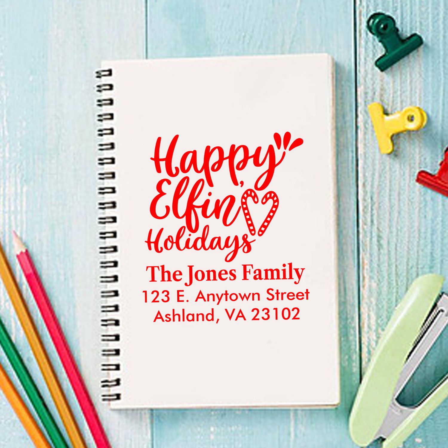 Personalized holiday rubber stamp with Happy Elfin Holidays and return address for festive cards and envelopes.