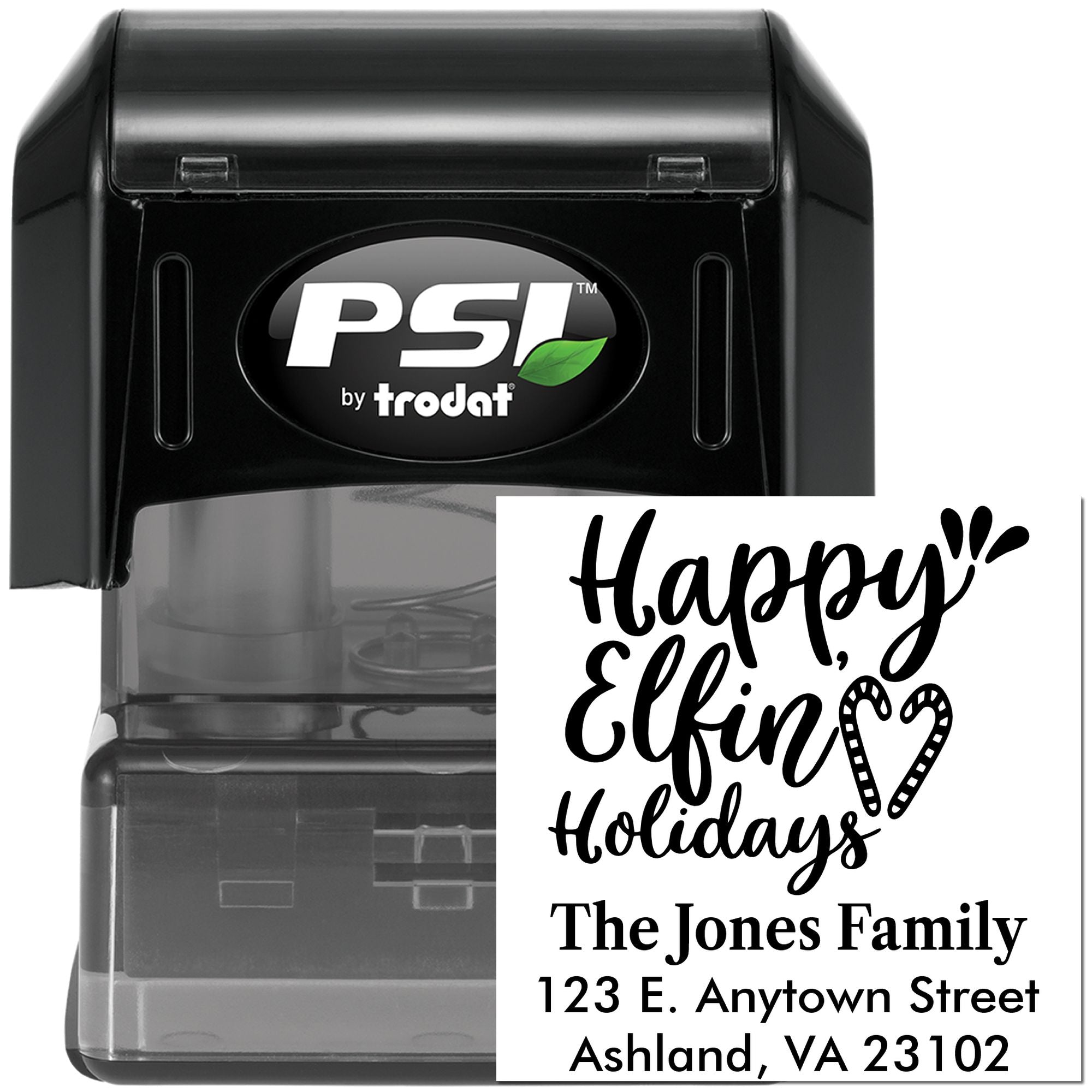 Custom PSI by Trodat self-inking rubber stamp with Happy Elfin Holidays family return address design