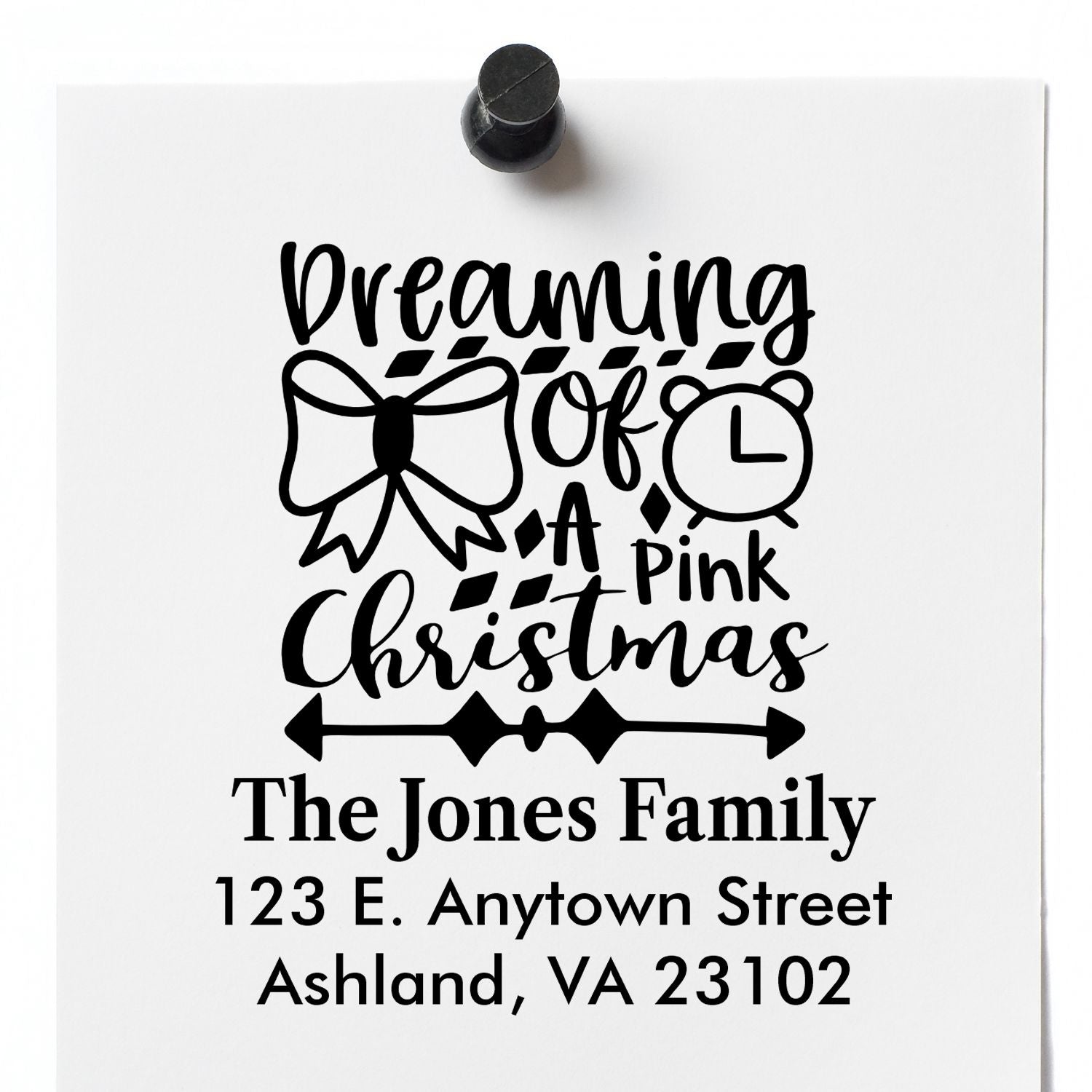 Personalized Christmas rubber stamp with Dreaming of a Pink Christmas, family name, and return address for holiday cards.