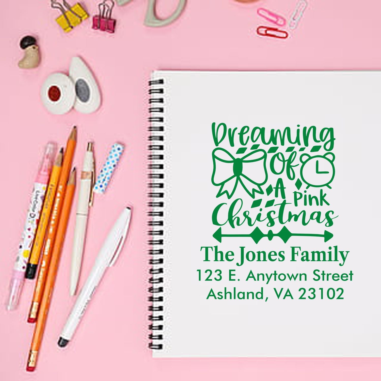 Custom Christmas return address rubber stamp with Dreaming of a Pink Christmas and The Jones Family address.