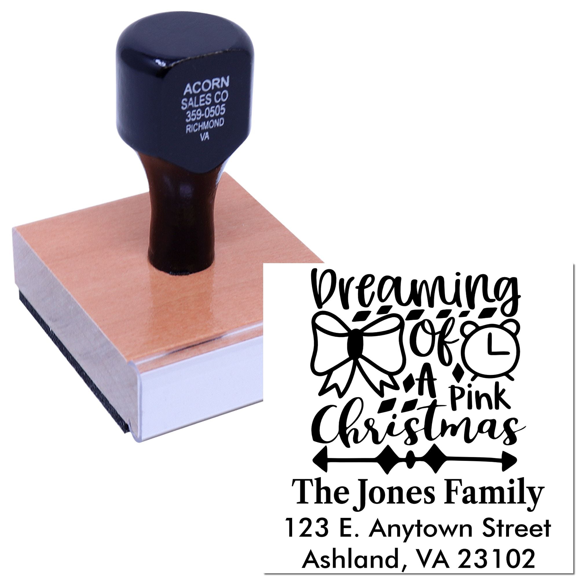 Custom rubber stamp preview for holiday cards, featuring Dreaming of a Pink Christmas family address design.